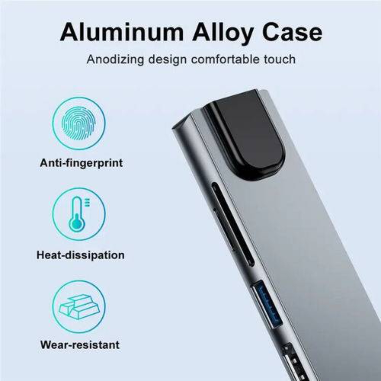 Silbernes Gerät mit Text: Aluminum Alloy Case. Symbole für Anti-Fingerabdruck, Wärmeableitung, verschleißfest.