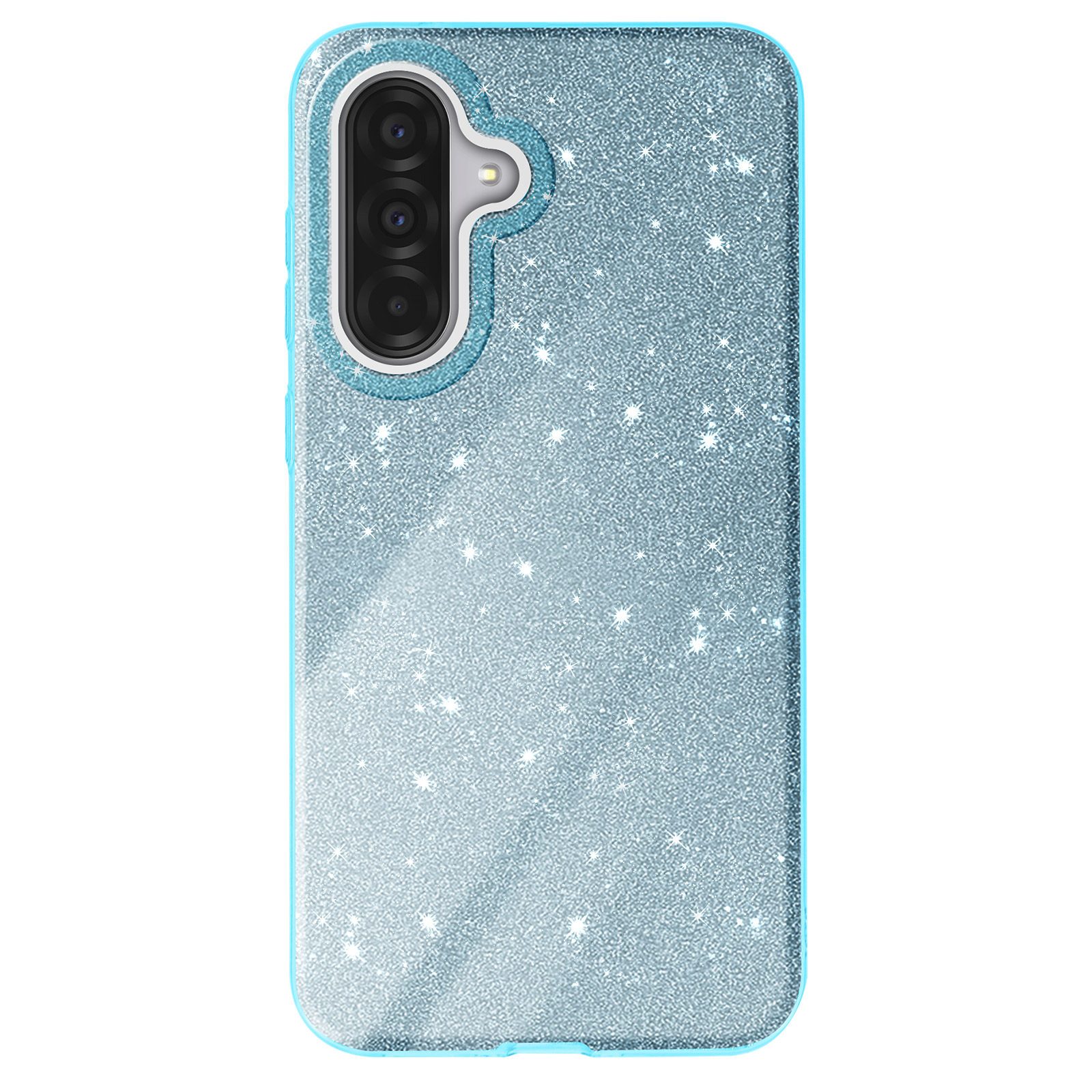Une coque de téléphone bleu clair avec une surface pailletée, montrant un téléphone avec une triple caméra.