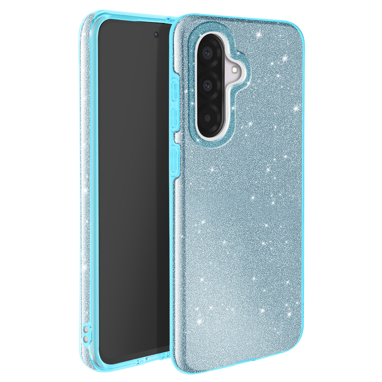 Une coque de téléphone bleu pailleté avec écran noir et cadre bleu clair.