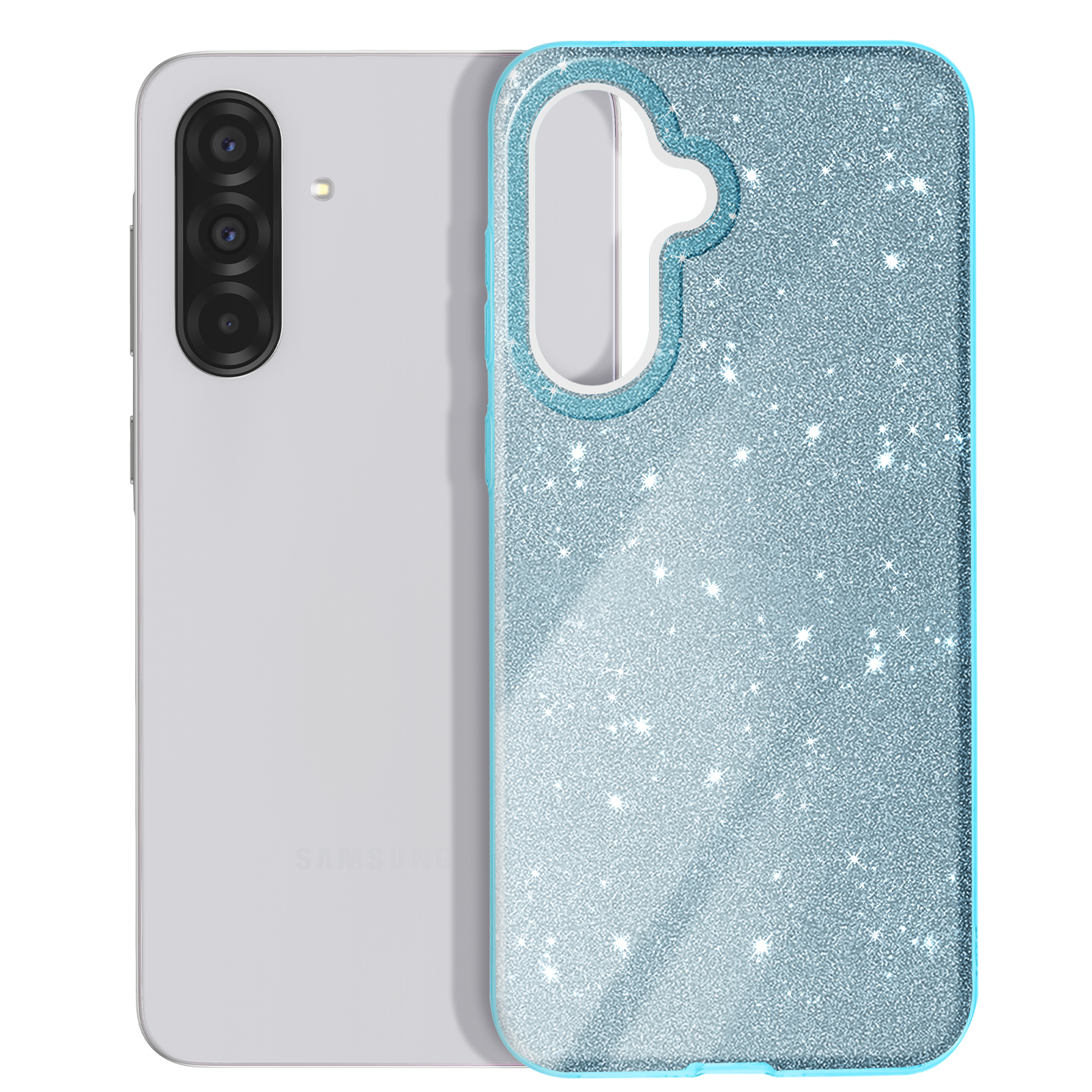 Coque de téléphone bleu pailleté ouverte révélant le téléphone, ensemble de caméras.