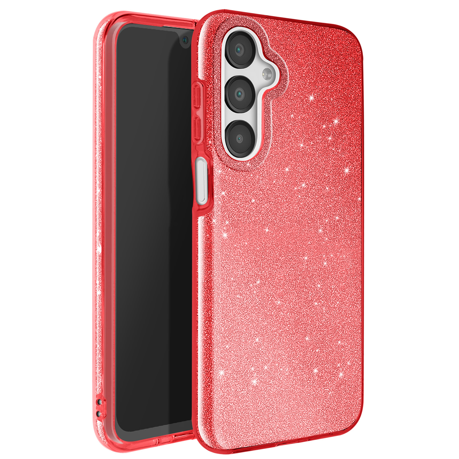 Custodia per telefono rossa glitterata con un telefono dentro, sfondo bianco.
