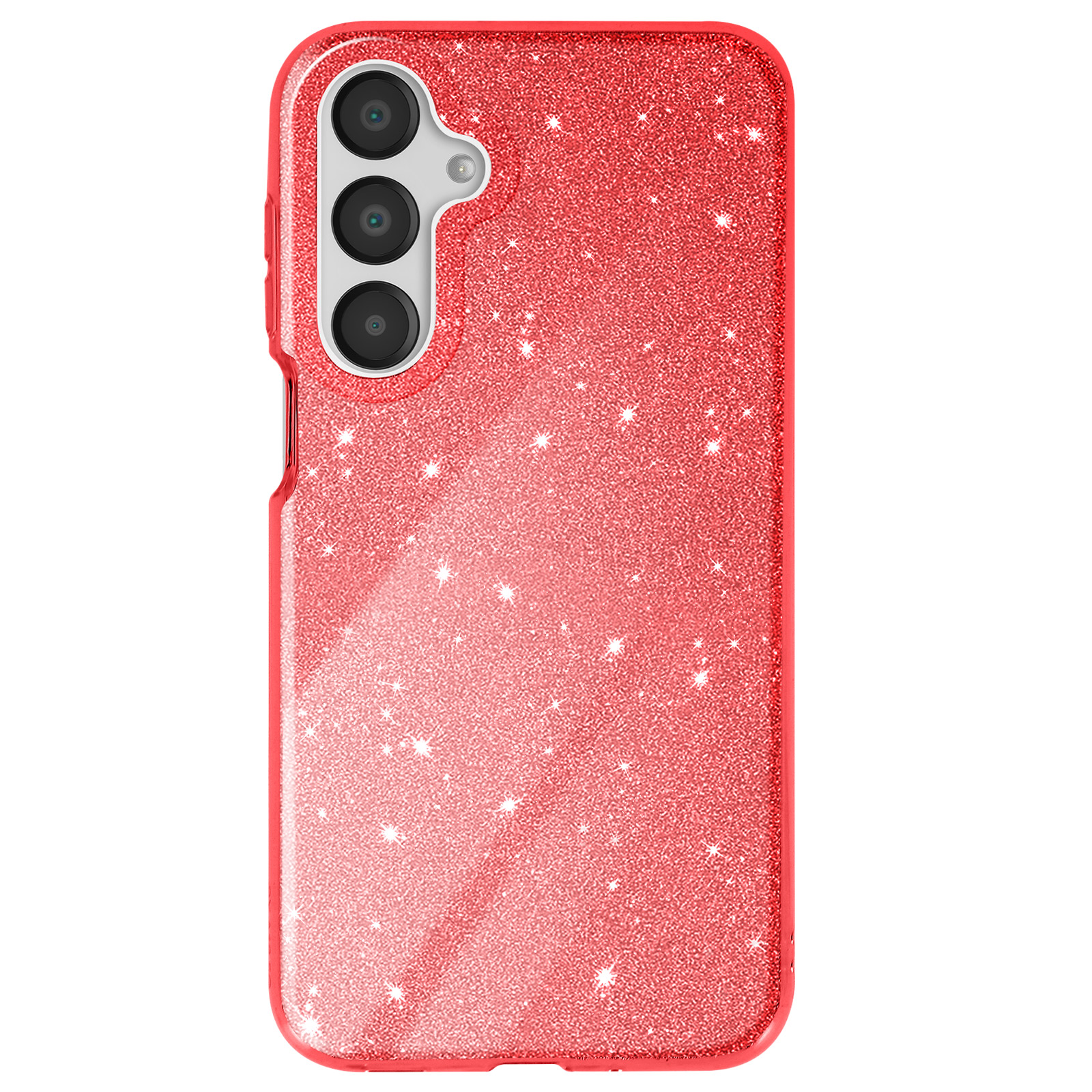 Custodia per telefono rossa glitterata. Vista posteriore, con fotocamera e pulsanti.