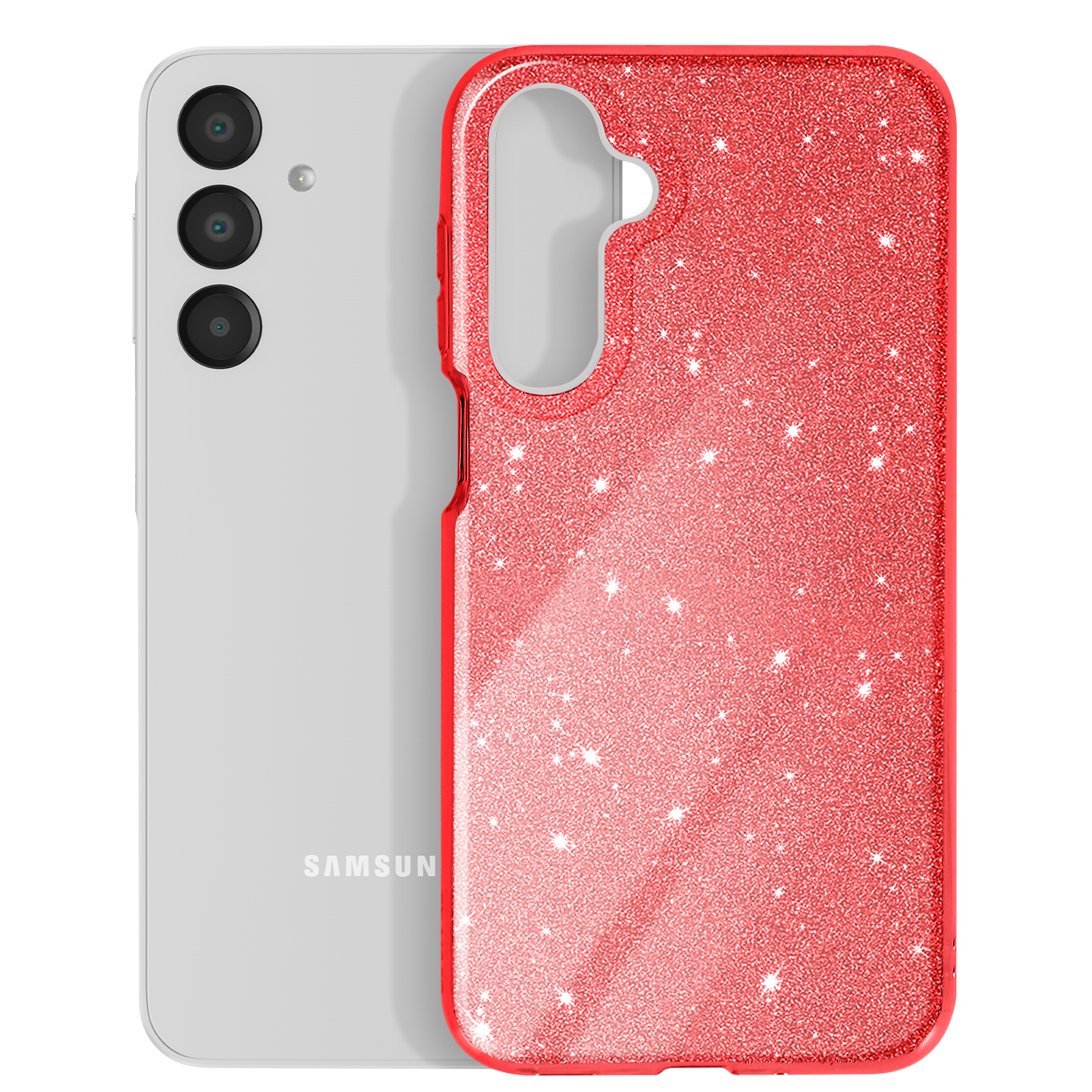 Un telefono argentato con una custodia rossa glitterata.