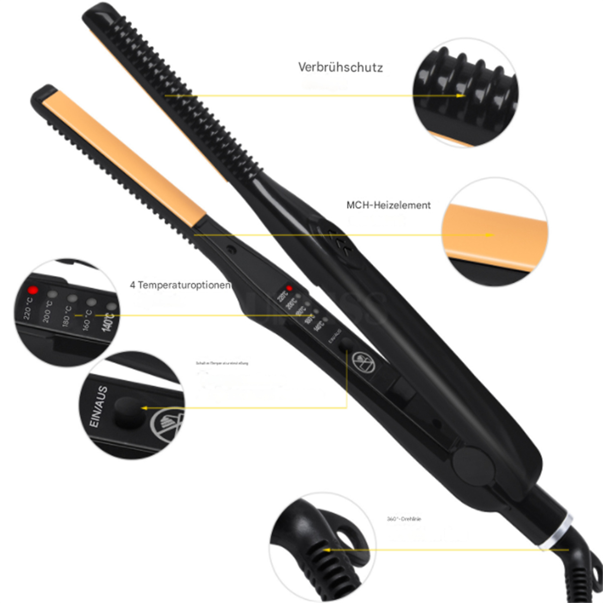 Schwarzer Haarglätter mit orangefarbenen Platten, Temperatureinstellungen und Griff. Das Schwarz ist strukturiert.