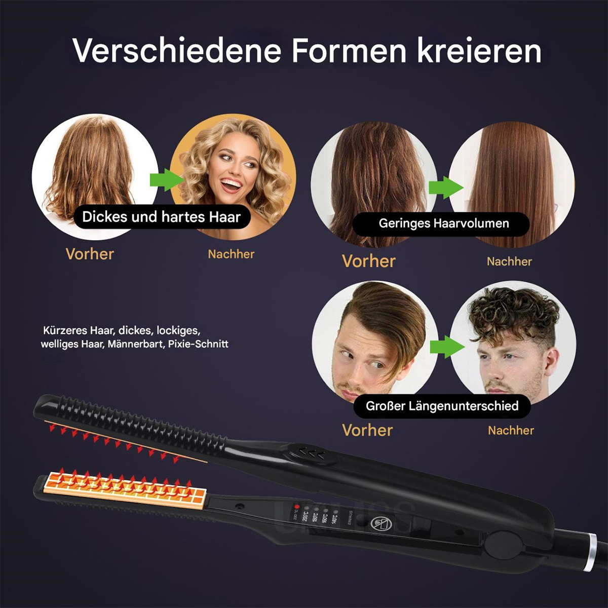 Haarstyling-Tool mit Beispielen von Vorher-Nachher-Frisuren bei verschiedenen Haartypen.