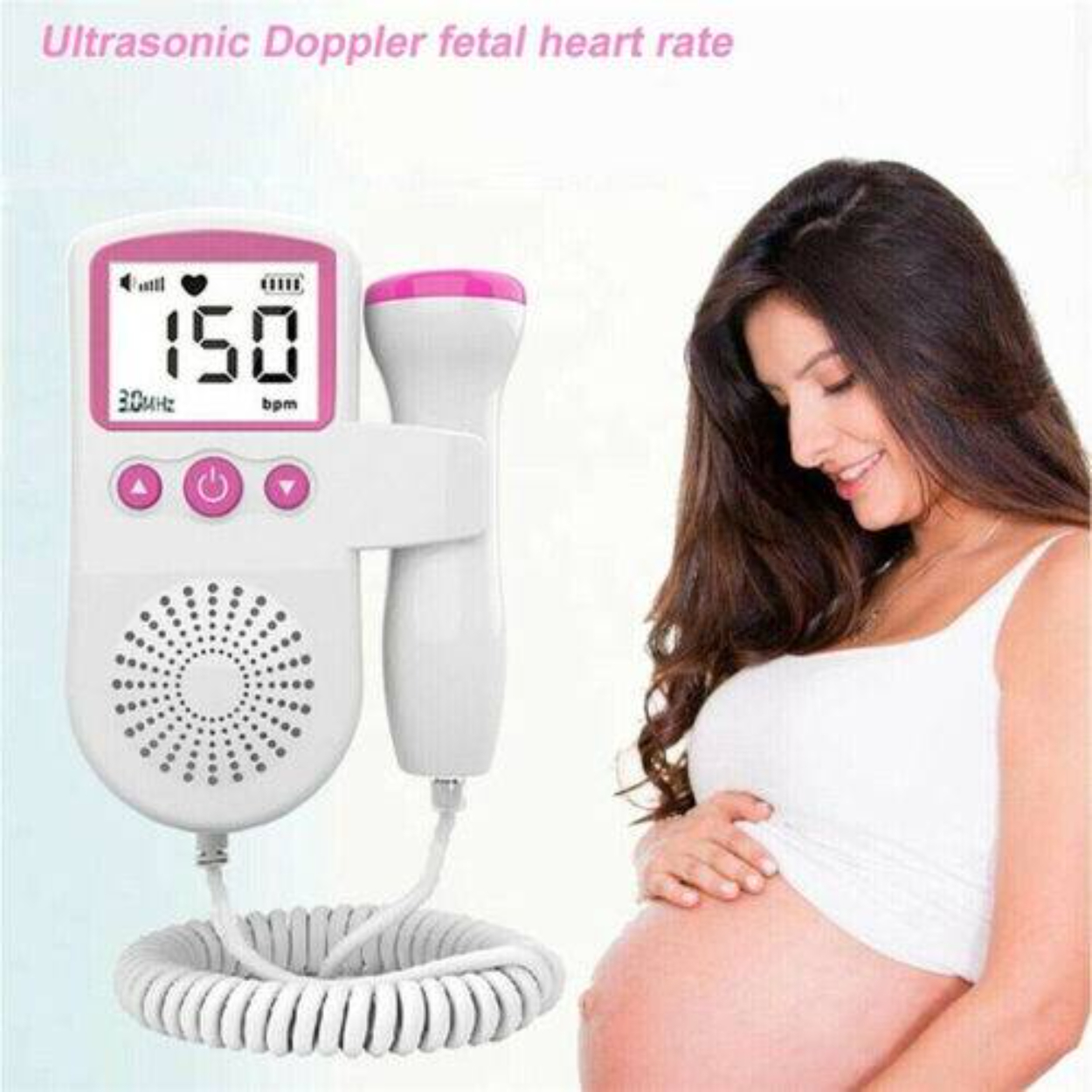 Fetal-Herzmonitor und schwangere Frau. Monitor zeigt 150 bpm. Rosa-weißes Gerät.