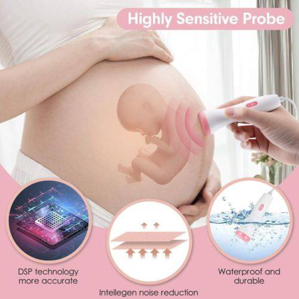 Eine Sonde wird auf einem schwangeren Bauch verwendet. Ein Bild eines Fötus ist sichtbar. Drei Symbole zeigen Technologie.
