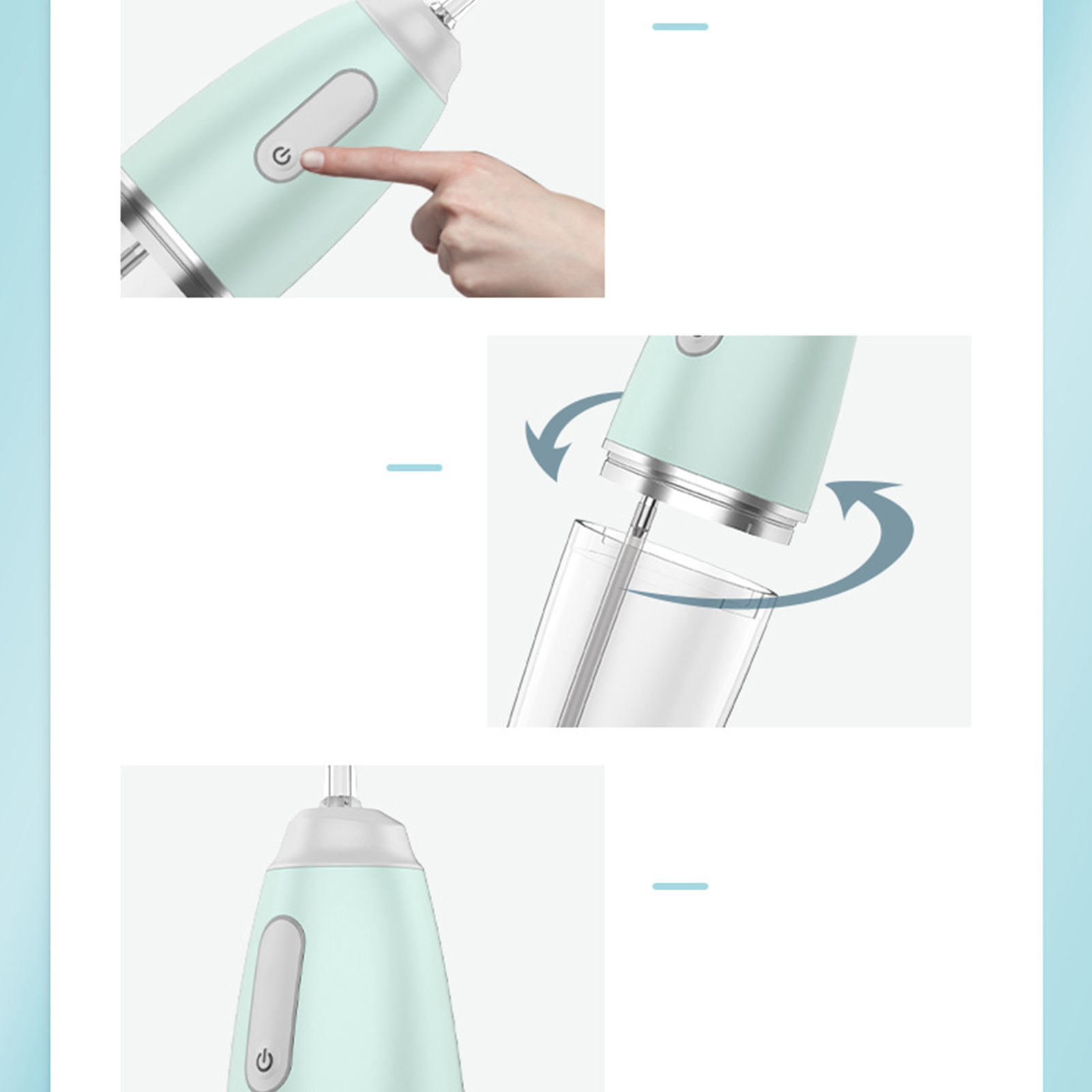 Nahaufnahme einer elektrischen Zahnbürste mit Finger, der den Ein- / Ausschalter drückt, mit einem klaren Becher.