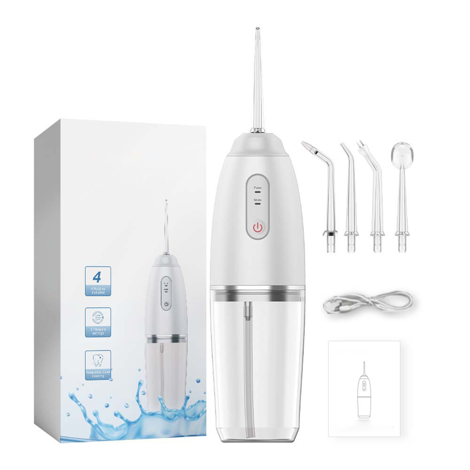 Ein elektrischer Wasserflosser mit Zubehör, einer Box und einem Diagramm.