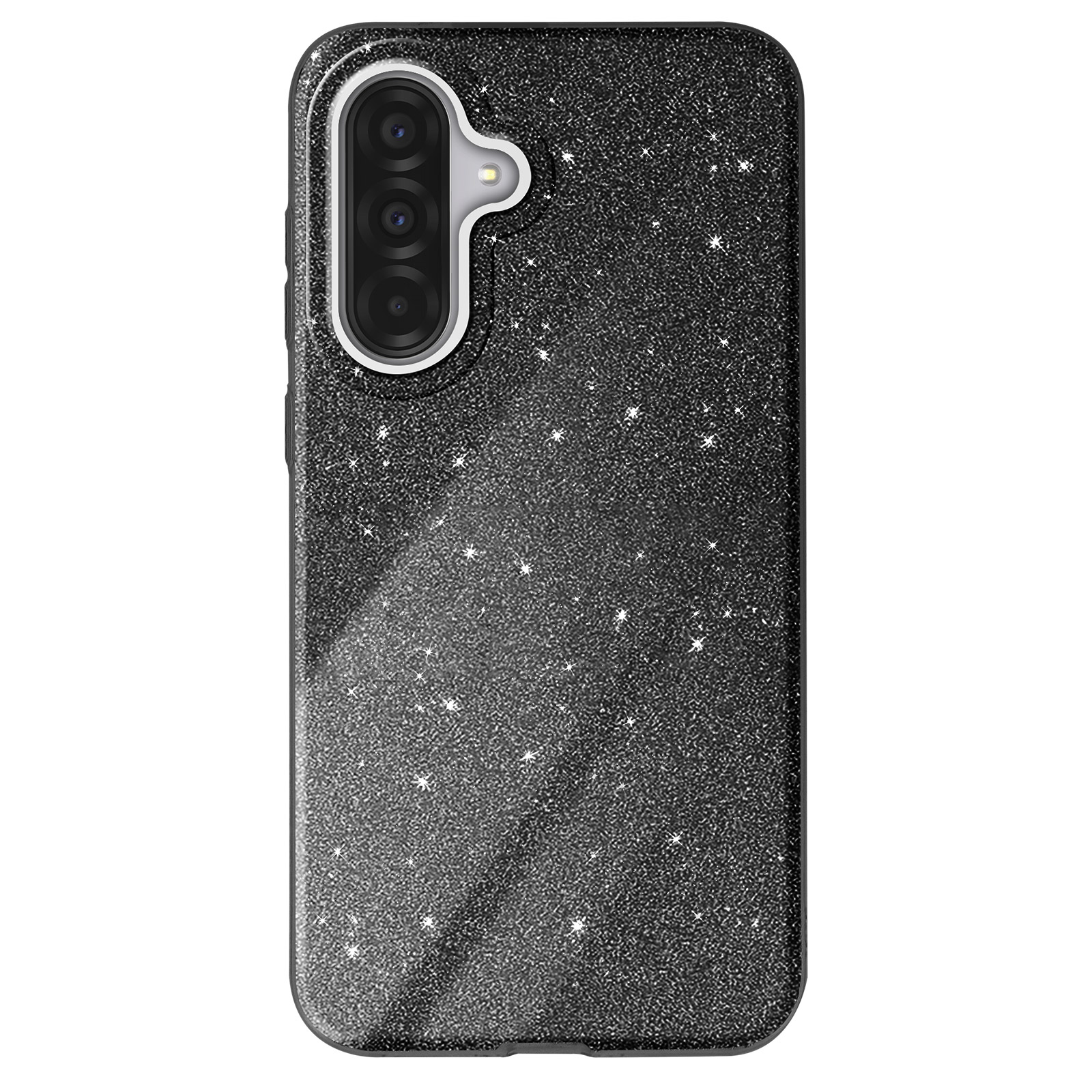 Coque de téléphone noire avec motif scintillant en étoile, fond blanc.