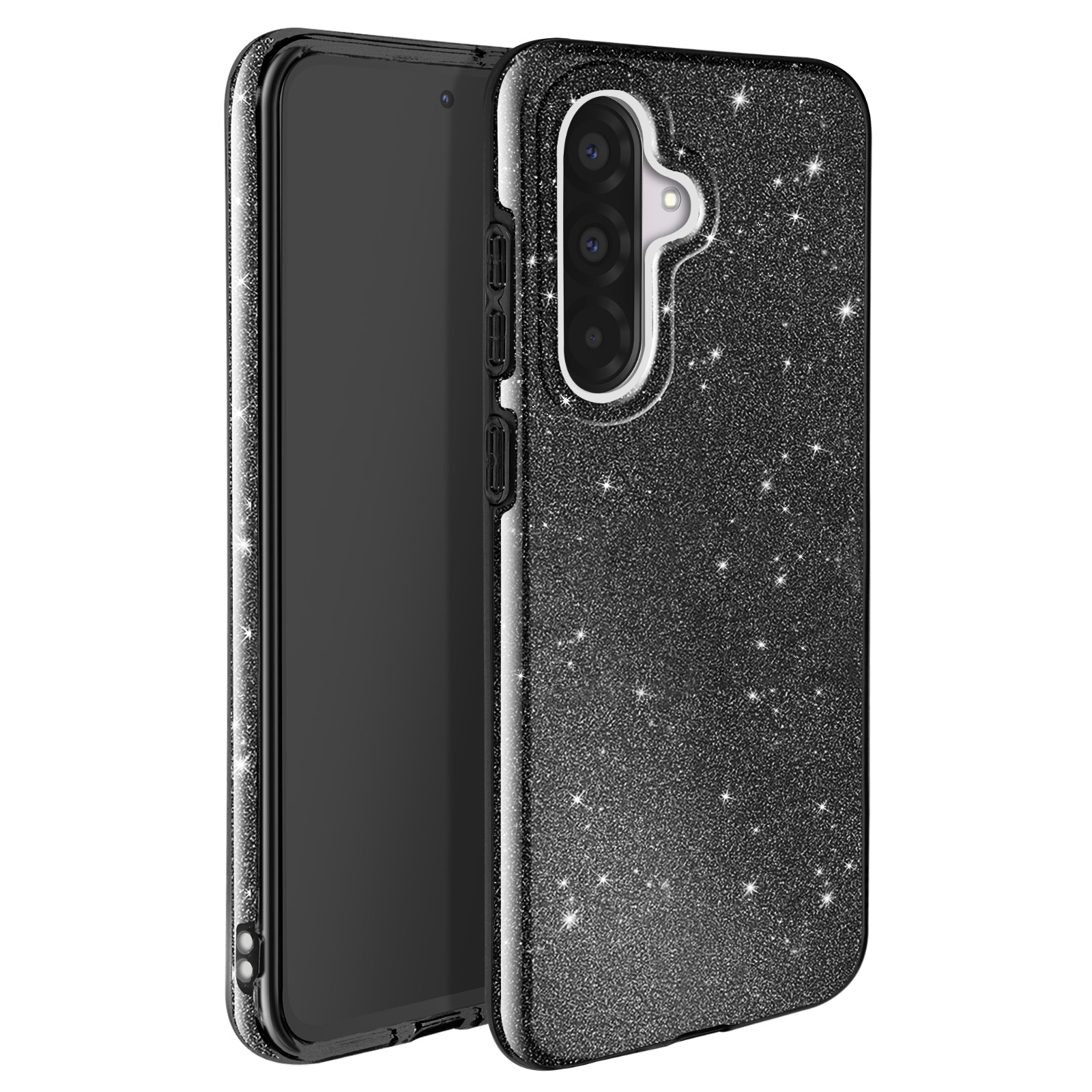 Coque de téléphone noire avec des paillettes scintillantes, une découpe pour l'appareil photo et un téléphone.