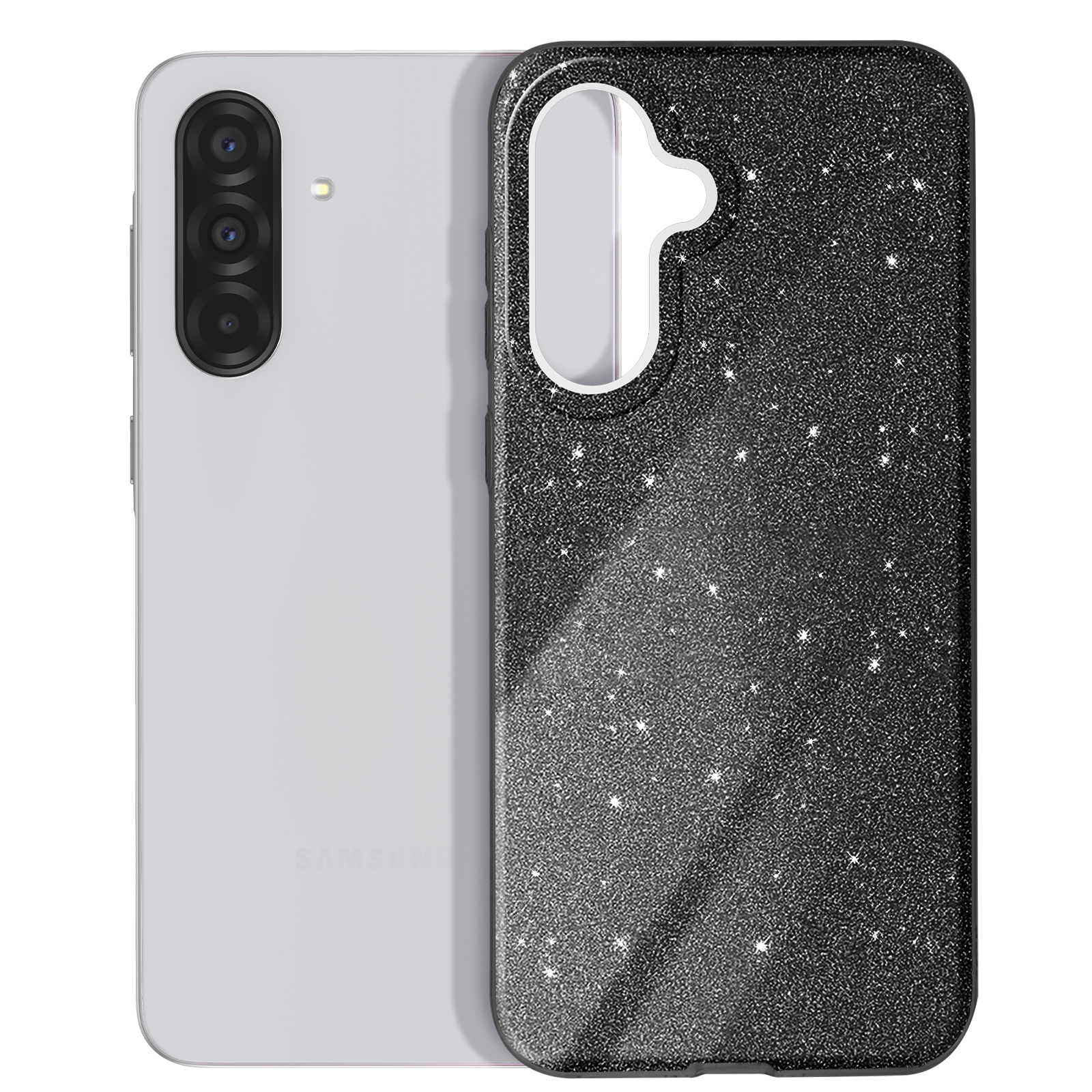 Coque de téléphone noire à paillettes pour un Samsung. L'arrière du téléphone est visible, couleur grise, 3 caméras.
