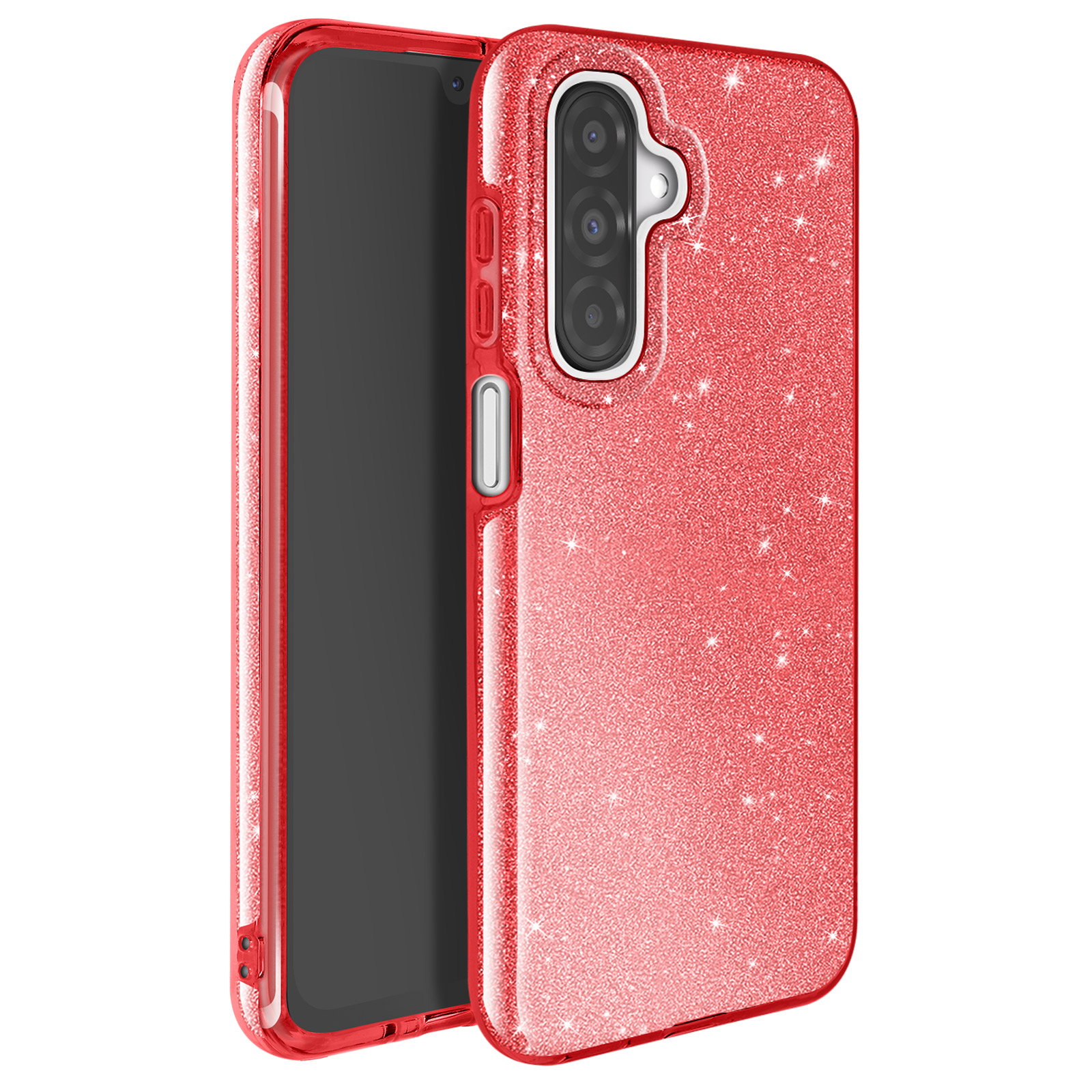 Custodia per telefono rosso glitterato, lo schermo del telefono è visibile. Il retro ha delle fotocamere.