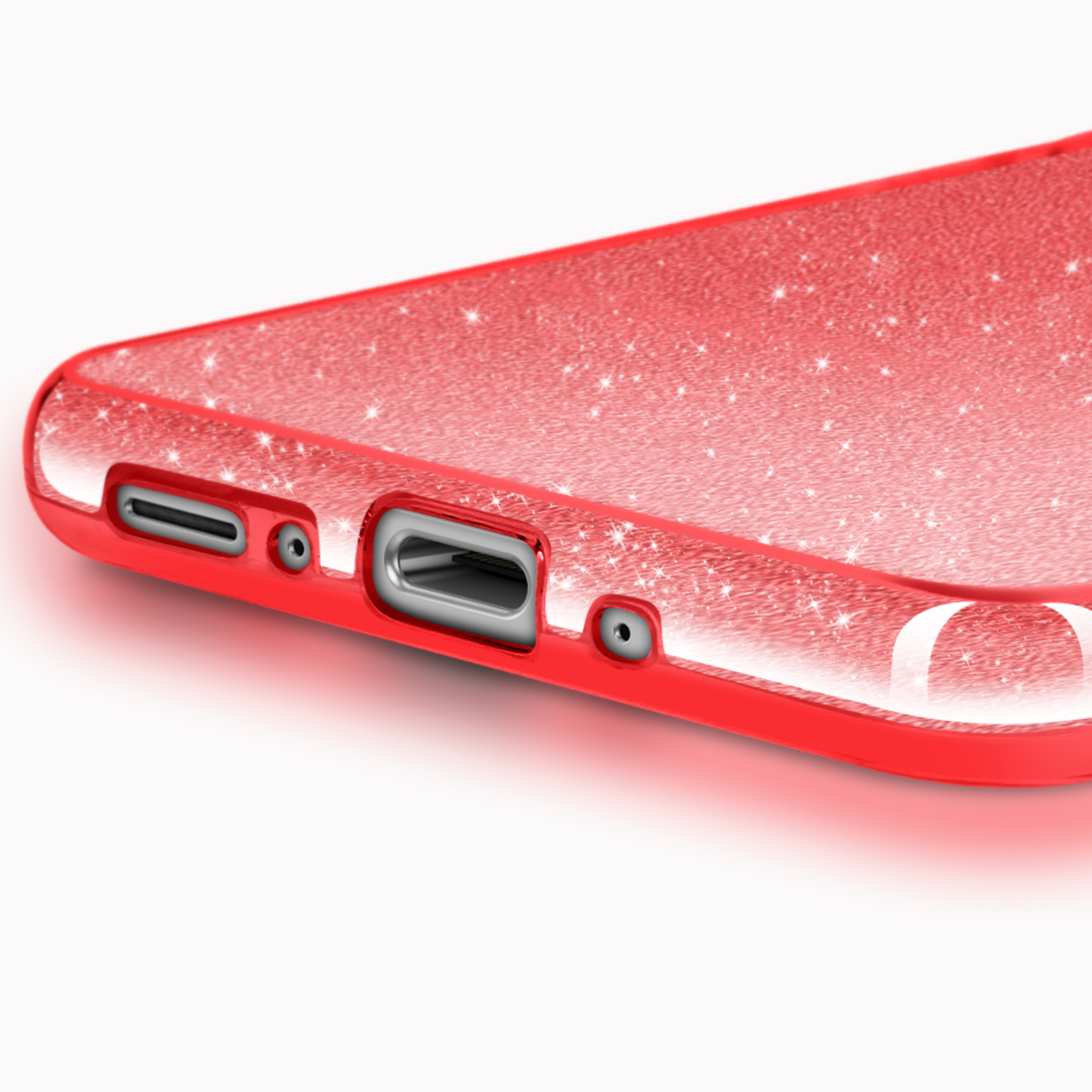 Primo piano di una custodia rossa per telefono con texture scintillante, che mostra porte e bordi.