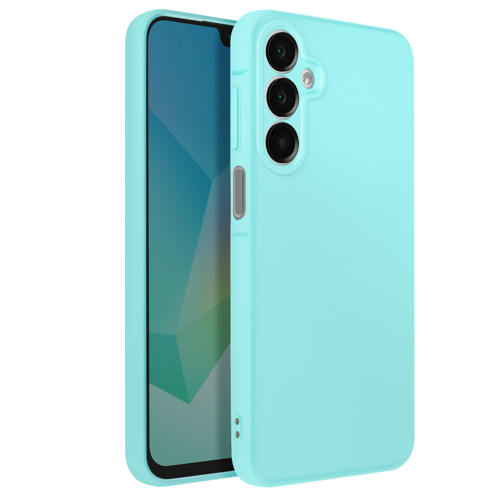 Custodia per telefono azzurra con configurazione a tripla fotocamera, aperta per rivelare il telefono.
