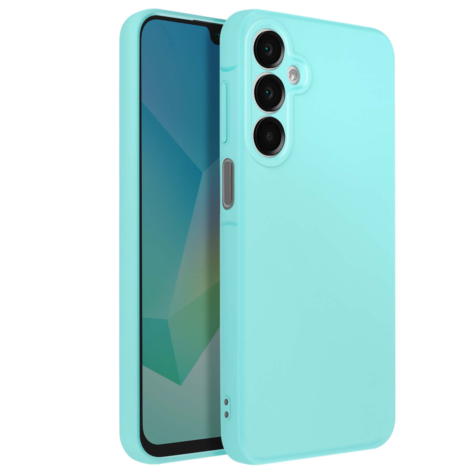 Custodia blu che copre un telefono. La custodia è di colore azzurro pieno.