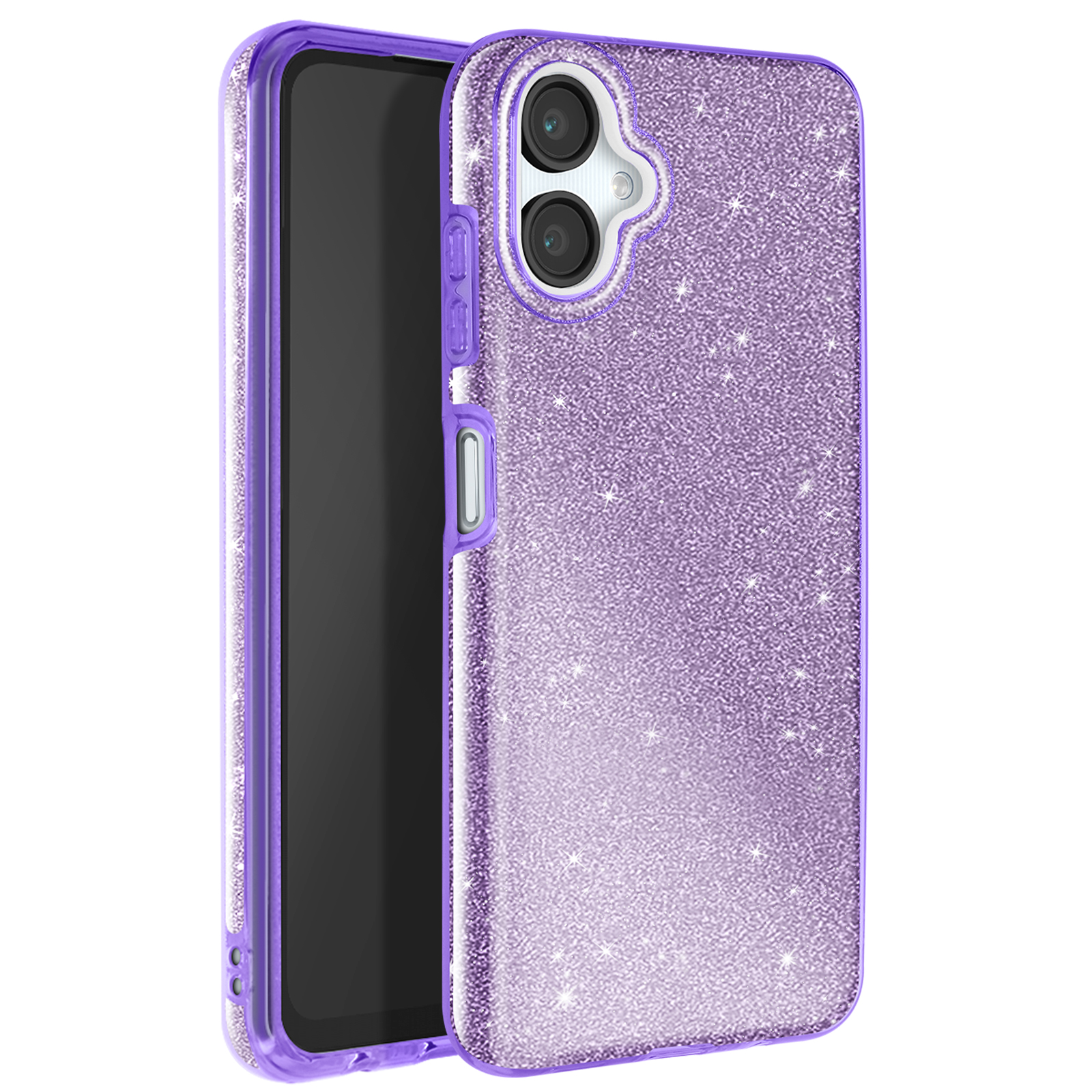 Custodia per telefono viola glitterata. La custodia ha una superficie lucida e glitterata.