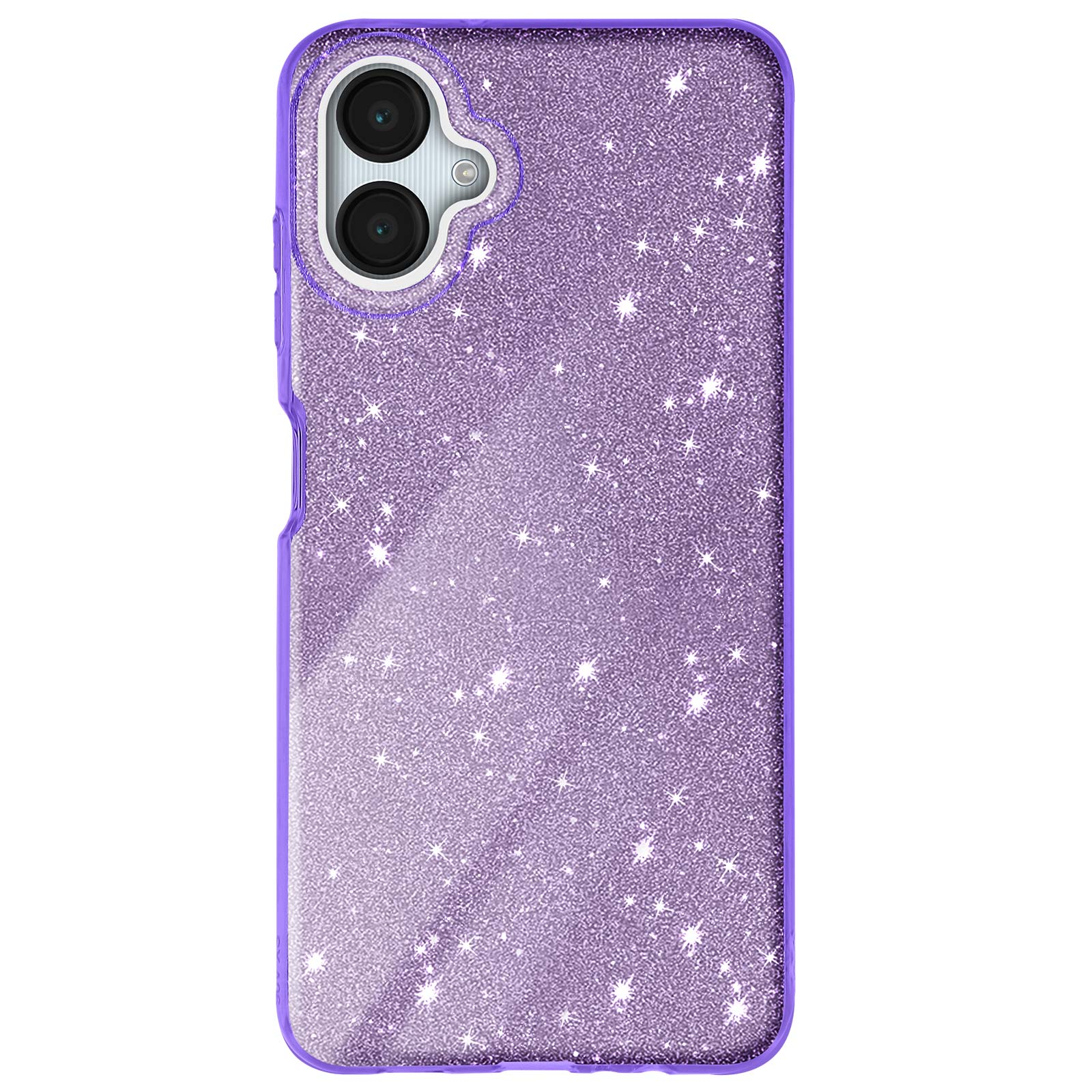Custodia glitterata viola con foro per doppia fotocamera.