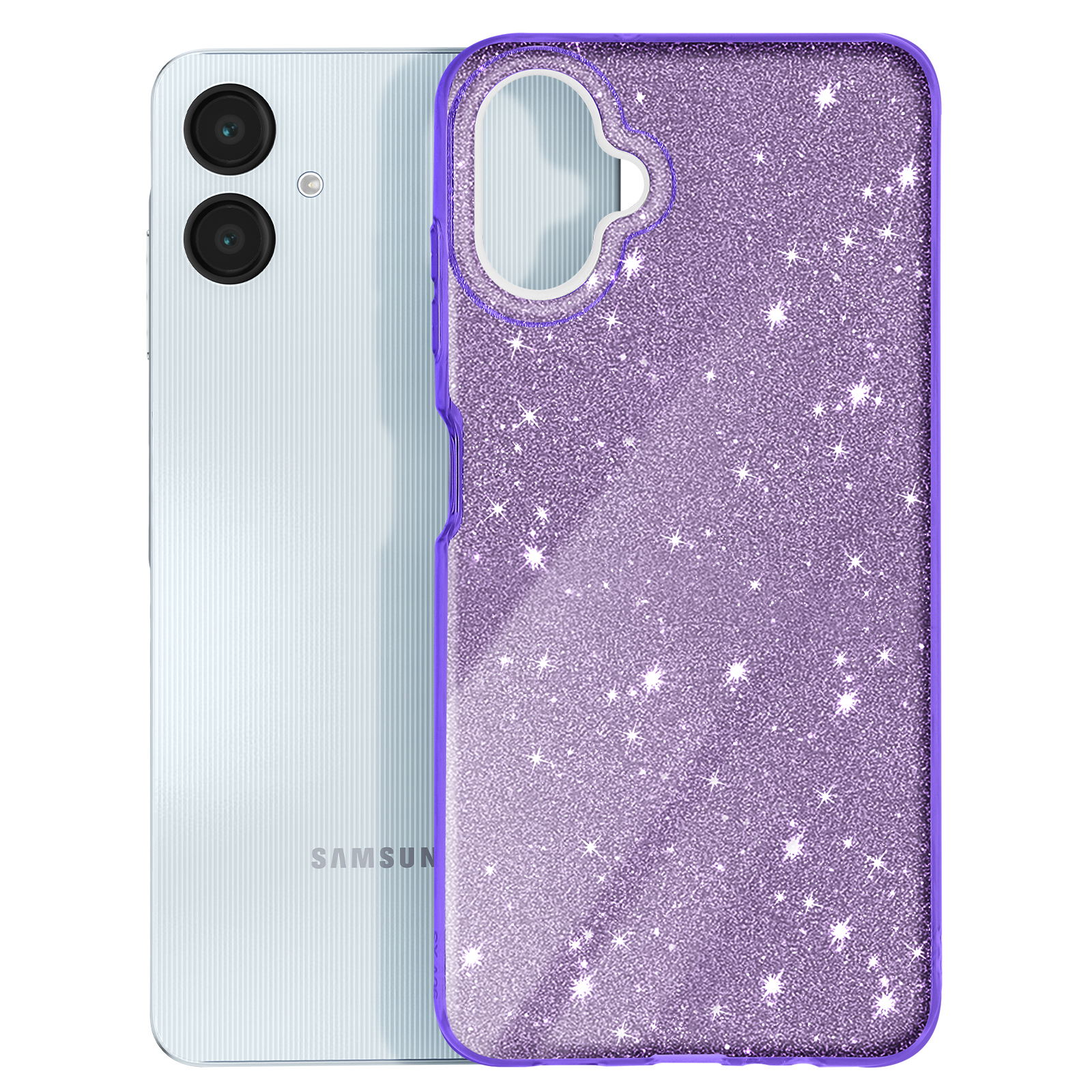 Smartphone su una superficie bianca. Custodia per telefono glitter viola. Retro argento.