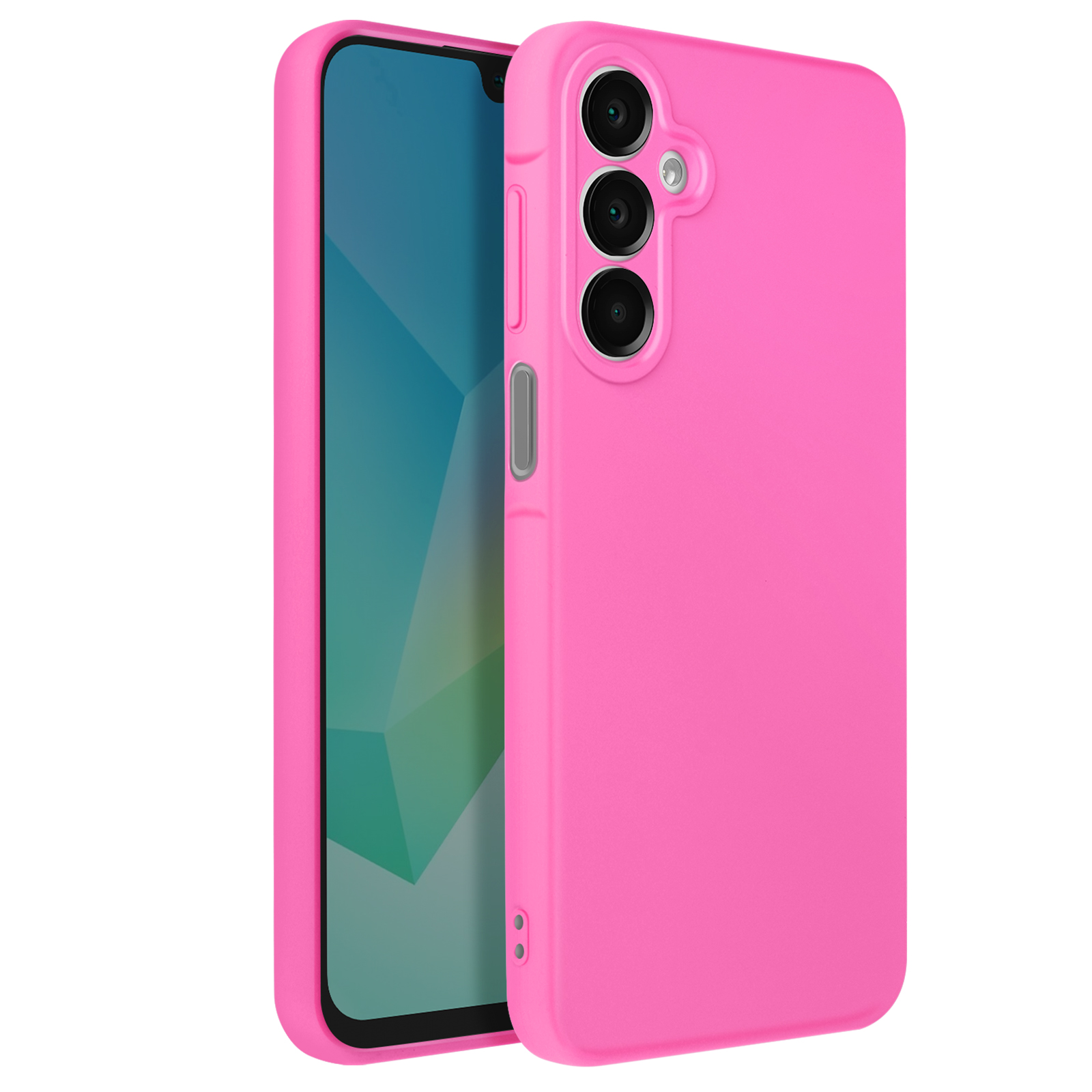 Pinkfarbene Handyhülle, zeigt die Rückseite eines Telefons mit Kamera und Tasten.