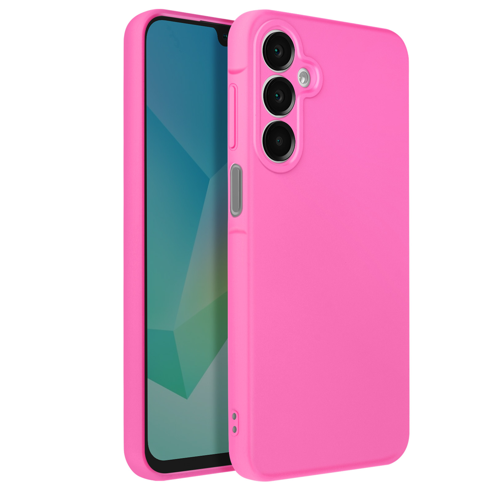 Rosa Handyhülle mit Telefon darin. Handyhülle und Telefon sind perspektivisch. Weißer Hintergrund.
