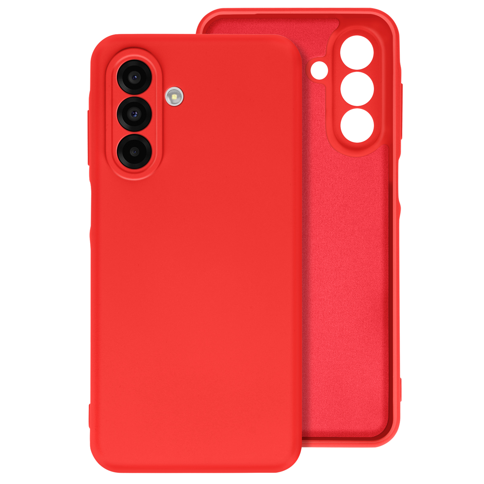 Una custodia rossa con finitura opaca. La custodia copre la parte posteriore e i lati del telefono.