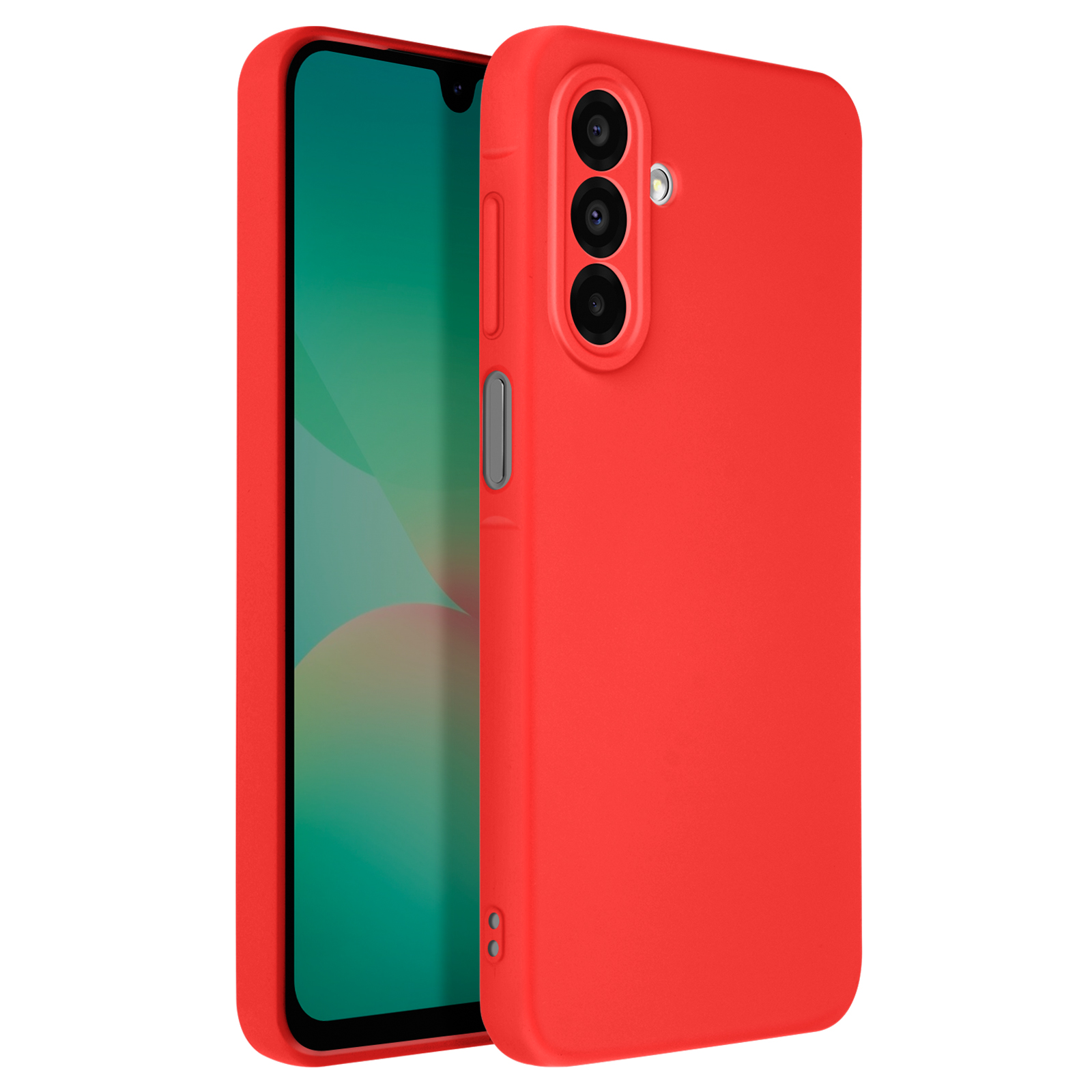 Custodia rossa per telefono con tre obiettivi della fotocamera sul retro.
