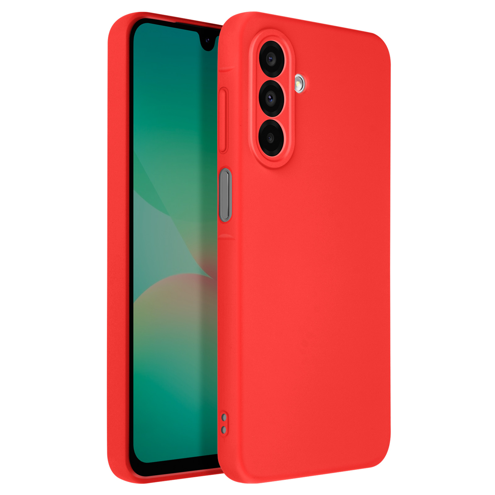 Custodia rossa su un telefono. Schermo nero. Sfondo bianco.