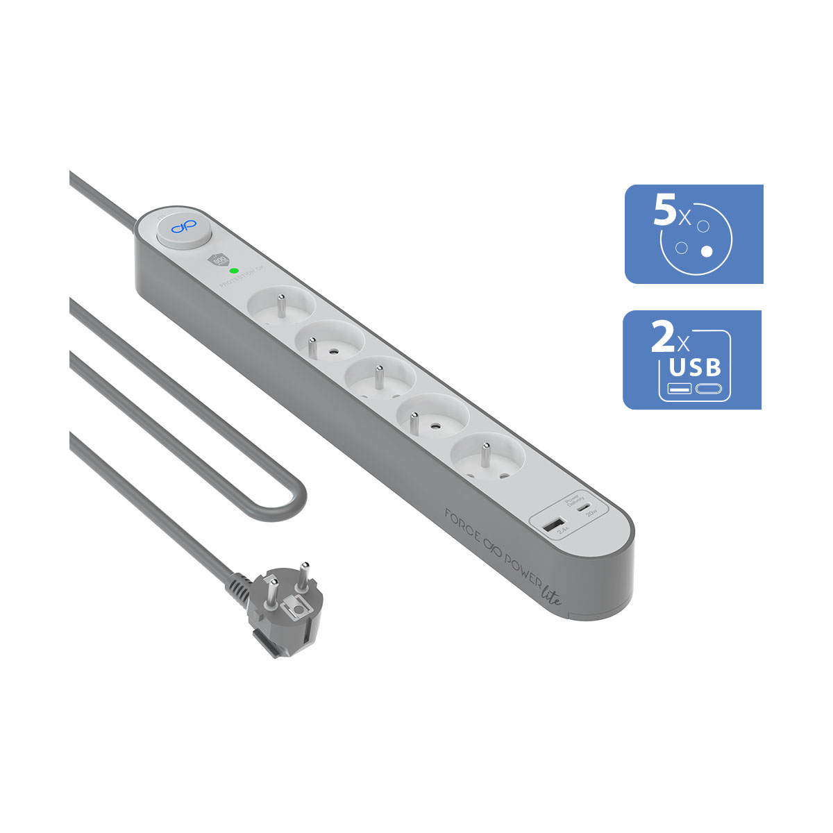 Graue Steckdosenleiste mit fünf Steckdosen, zwei USB-Anschlüssen und einem Stecker.