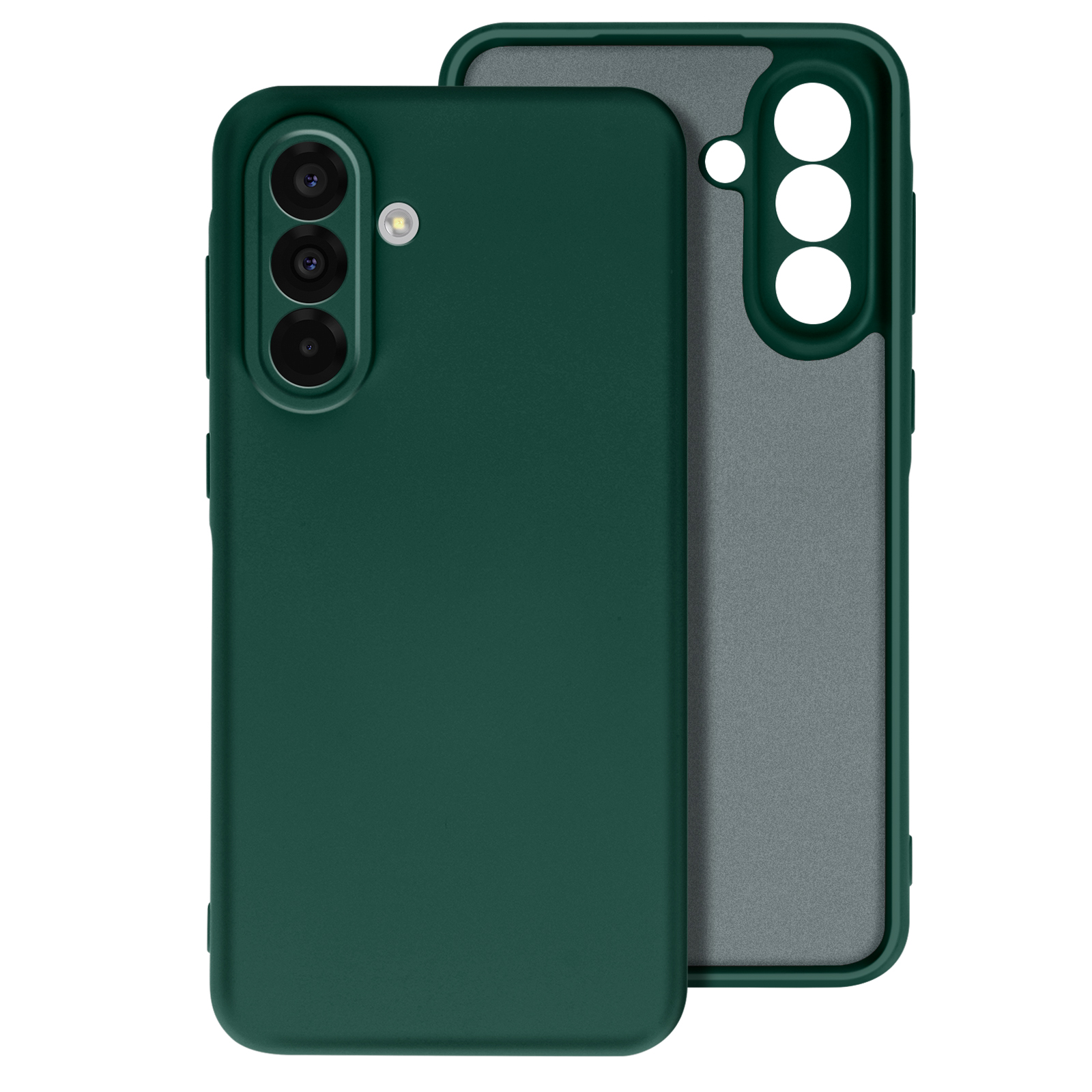 Coque de téléphone verte avec découpes pour caméra. Une autre coque est à côté.
