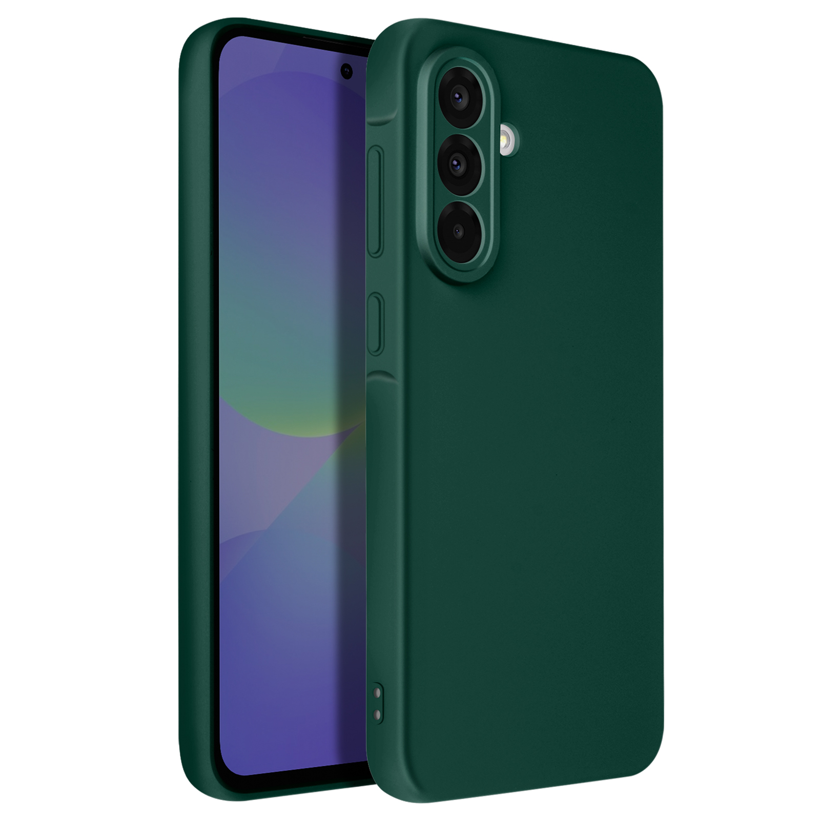 Une coque de téléphone vert foncé. La coque a une surface lisse et une découpe pour la caméra.