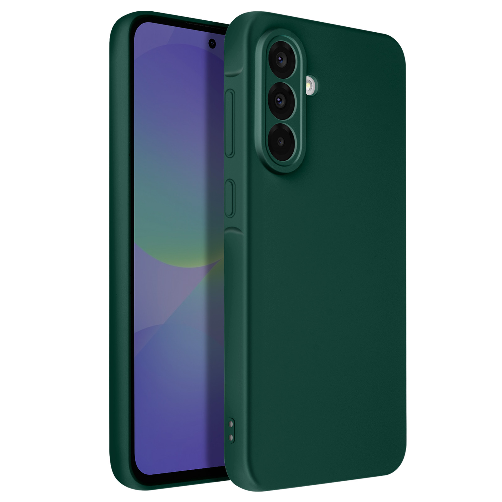 Coque de téléphone vert foncé. Avec découpe caméra et boutons latéraux, montrant un téléphone.