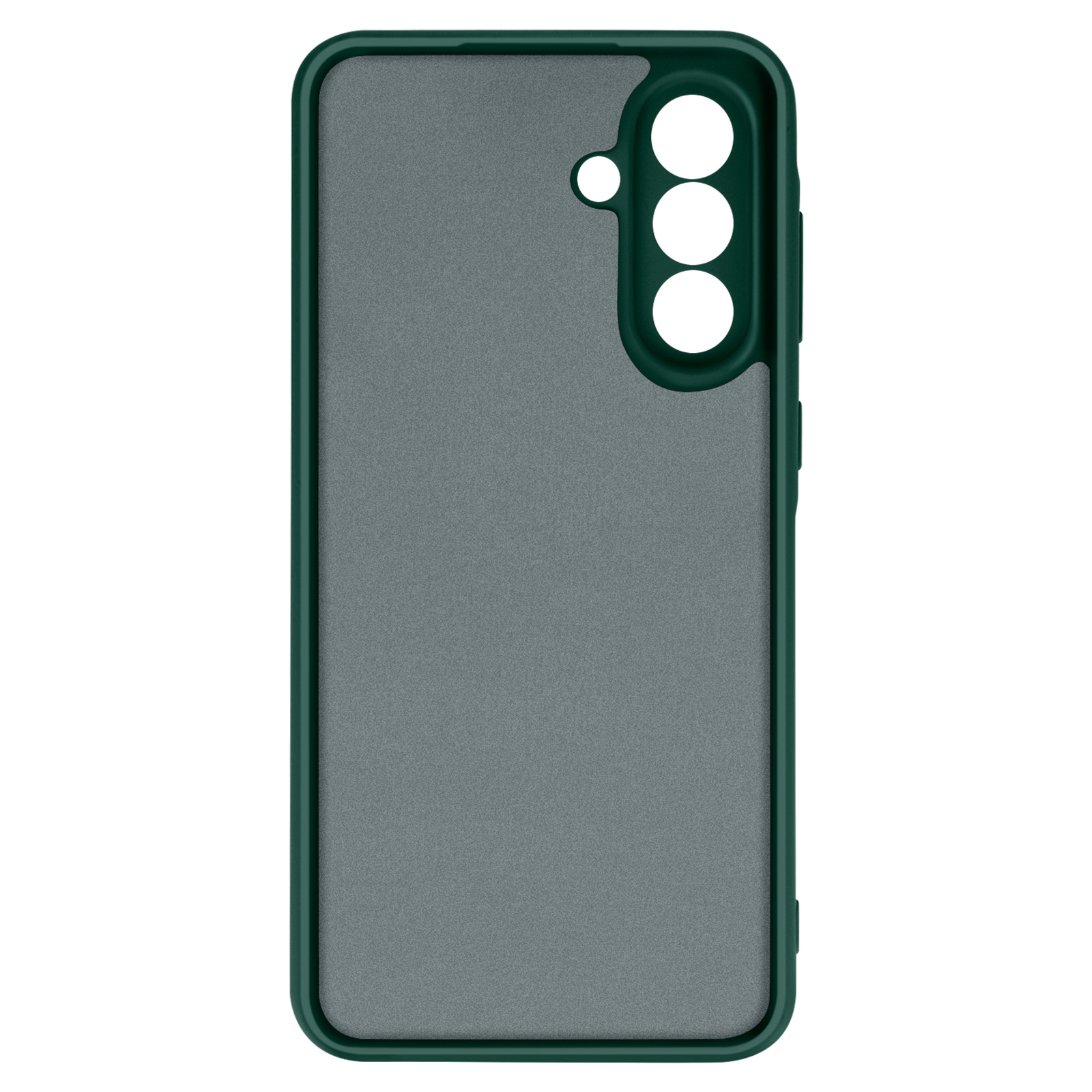 Une coque de téléphone vert foncé. Intérieur gris, trois lentilles d'appareil photo. Cadre vert foncé.
