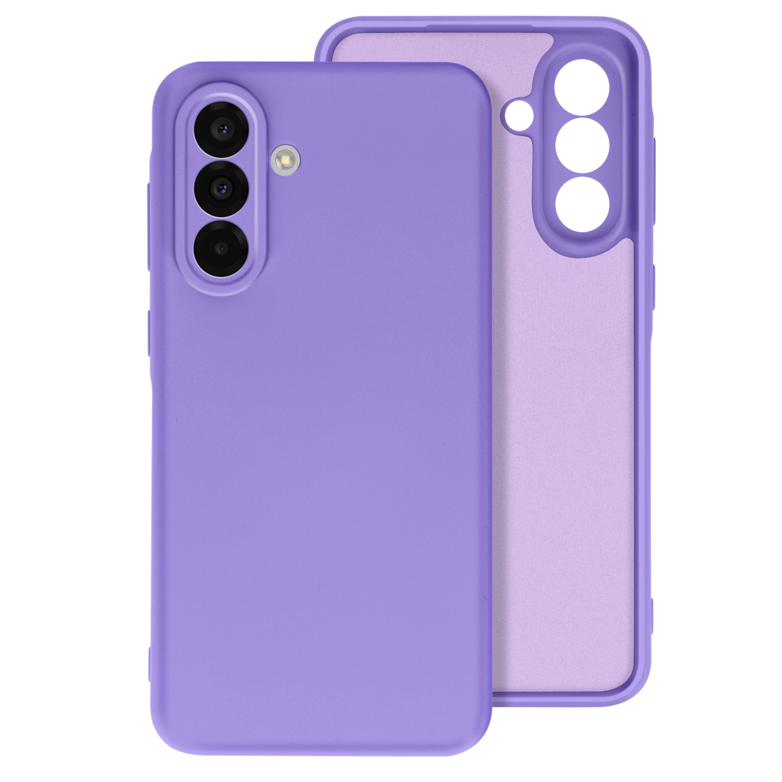 Deux coques de téléphone violettes. Un étui est sur le téléphone, l'autre à côté.
