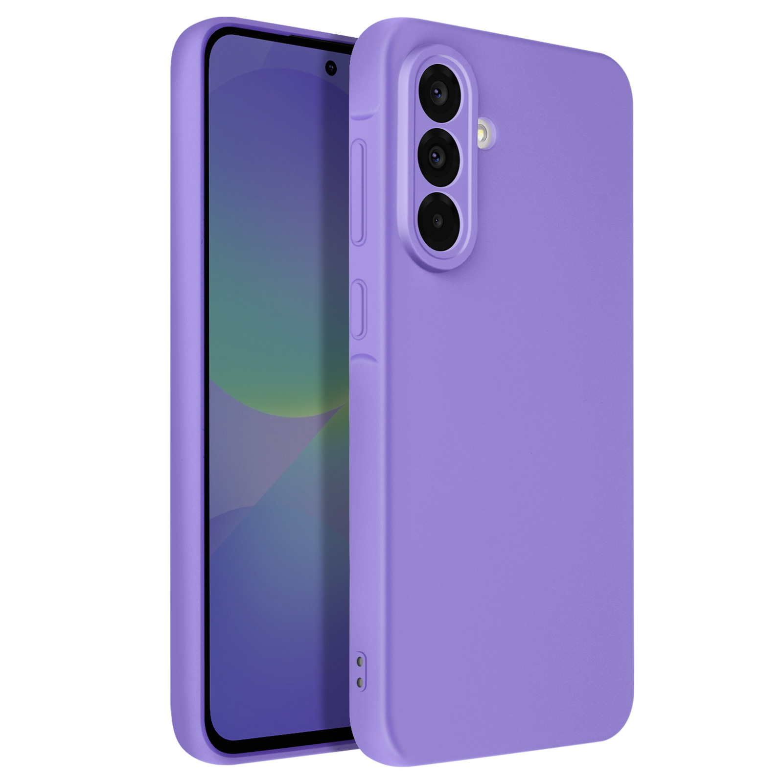 Coque de téléphone violette avec trois lentilles de caméra à l'arrière sur fond blanc.