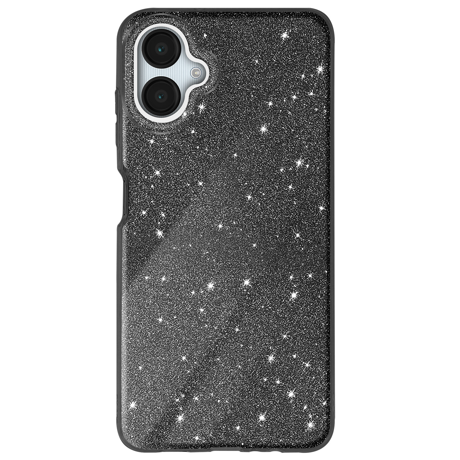 Una custodia per telefono nera scintillante con una fotocamera e un motivo a stelle.