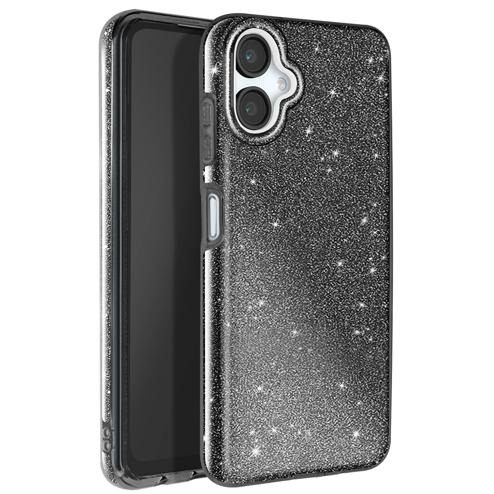 Custodia per telefono nera glitterata con telefono inserito.