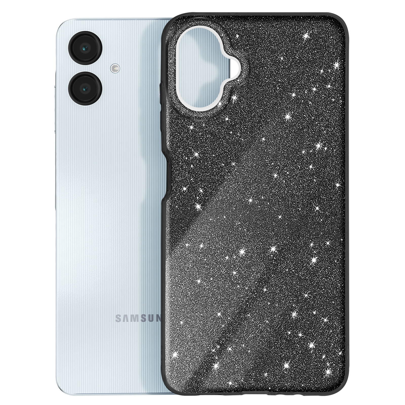 Telefono argentato con doppia fotocamera e custodia nera glitterata con stelle bianche.