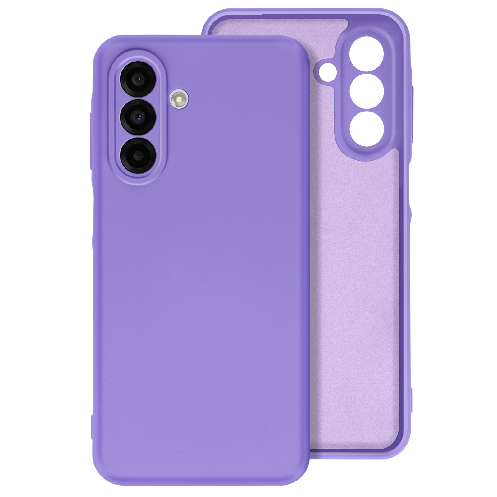 Custodia per telefono viola, vista anteriore e posteriore.