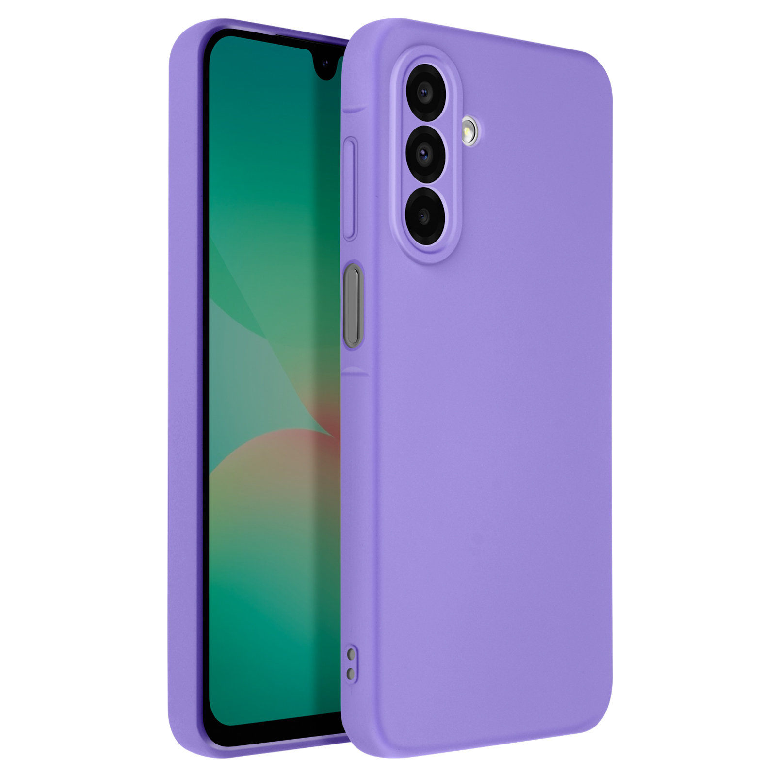 Telefono viola con schermo visibile. È in una custodia viola.