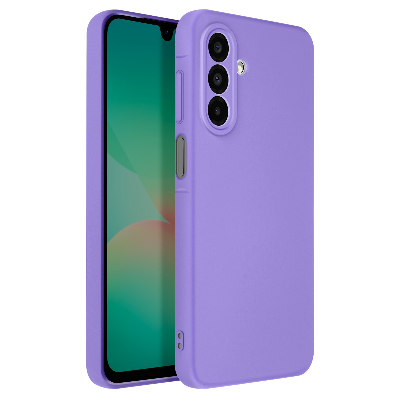 Custodia viola per telefono su sfondo bianco. Tre fori per fotocamera e pulsanti laterali visibili.