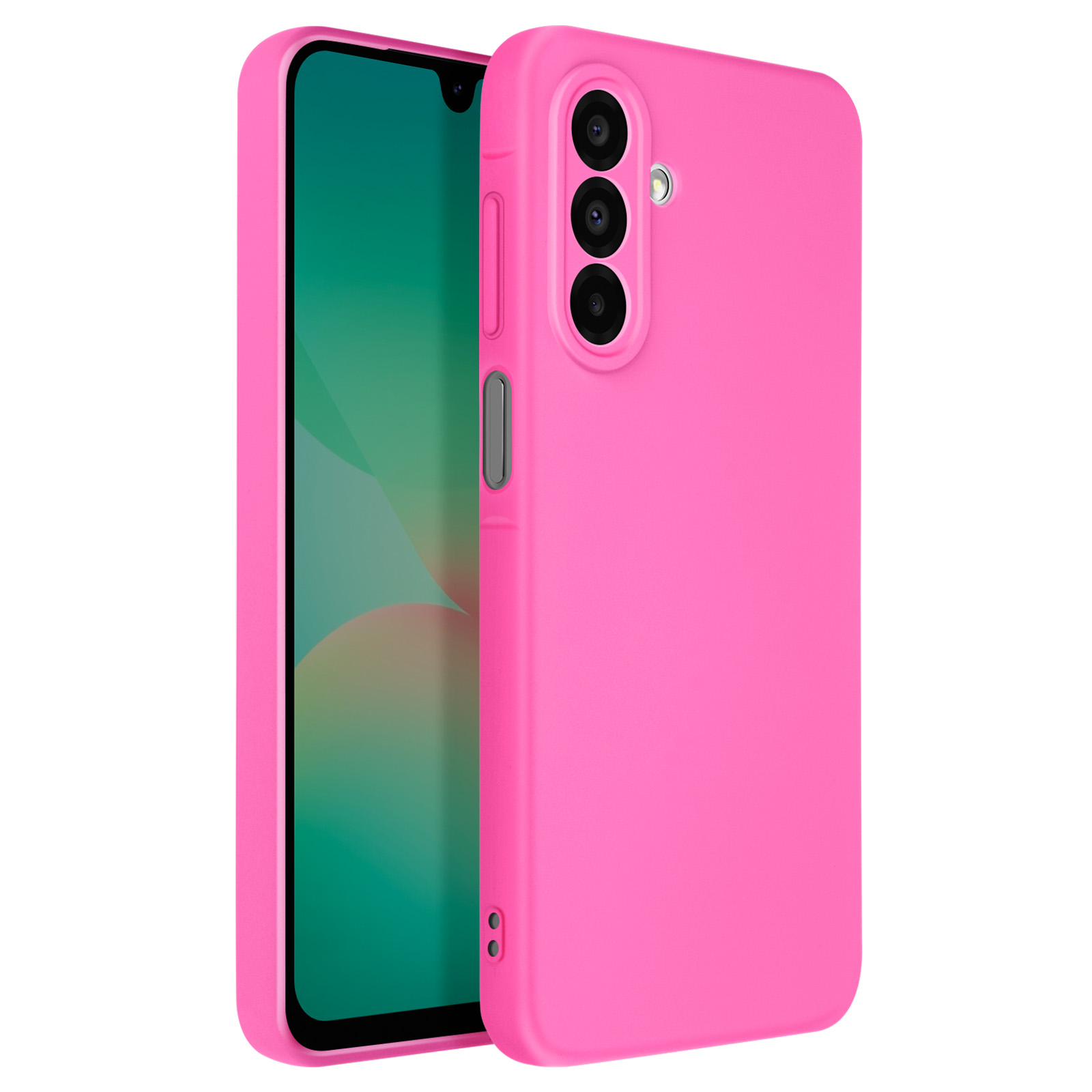 Una custodia per telefono rosa con un telefono all'interno. La custodia ha ritagli per la fotocamera e i pulsanti.