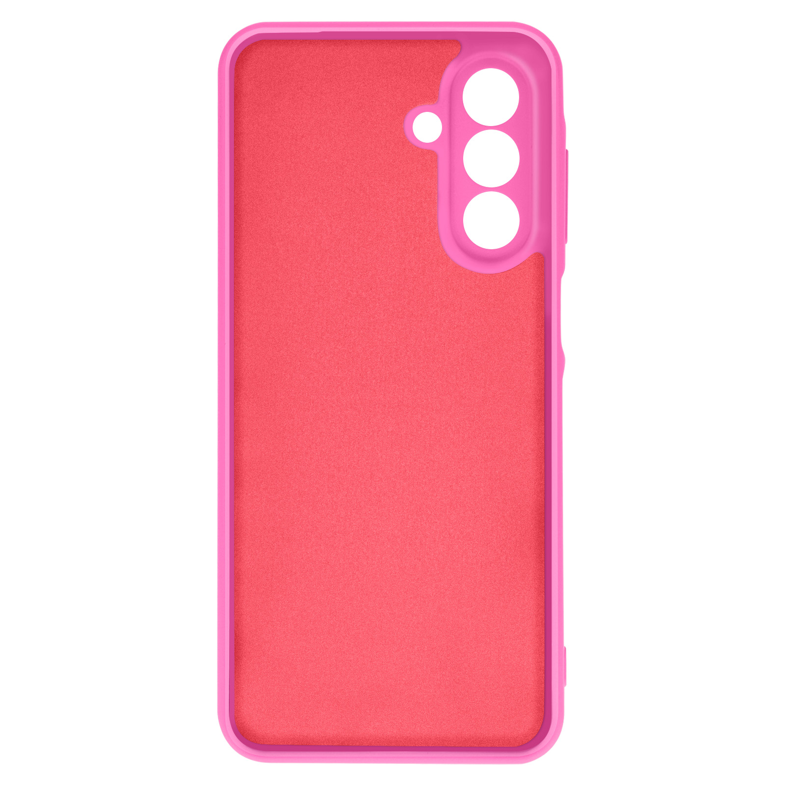 Custodia per telefono rosa con tre fori per la fotocamera. Telefono rosso all'interno.