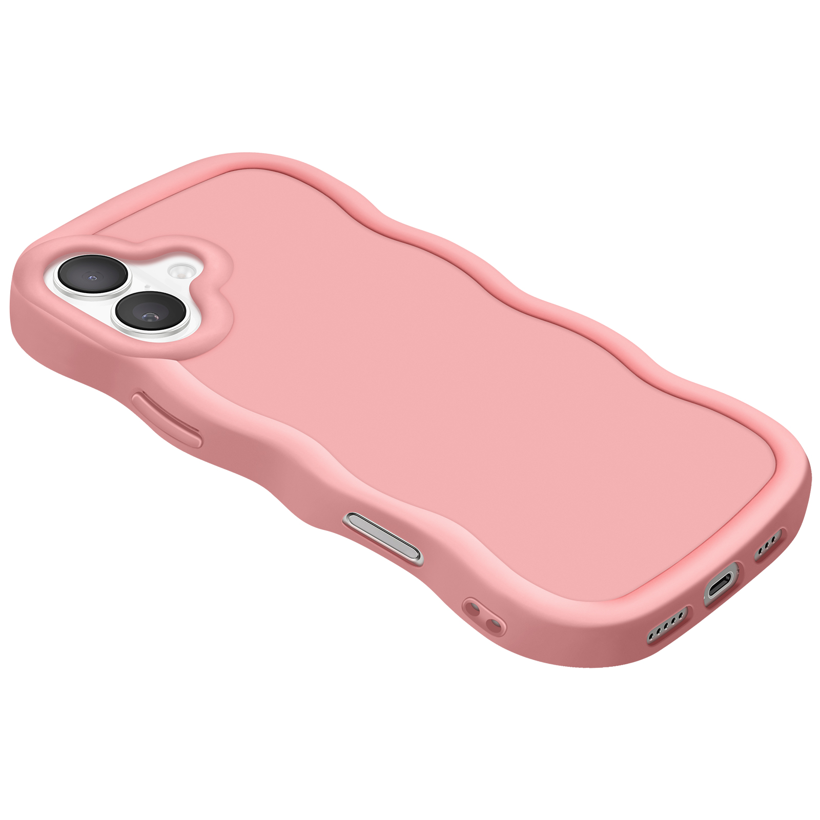 Rosa Handyhülle mit gebogenen Kanten und zwei Kameraausschnitten. Das Gehäuse ist rosa und hat ein wellenförmiges Design.