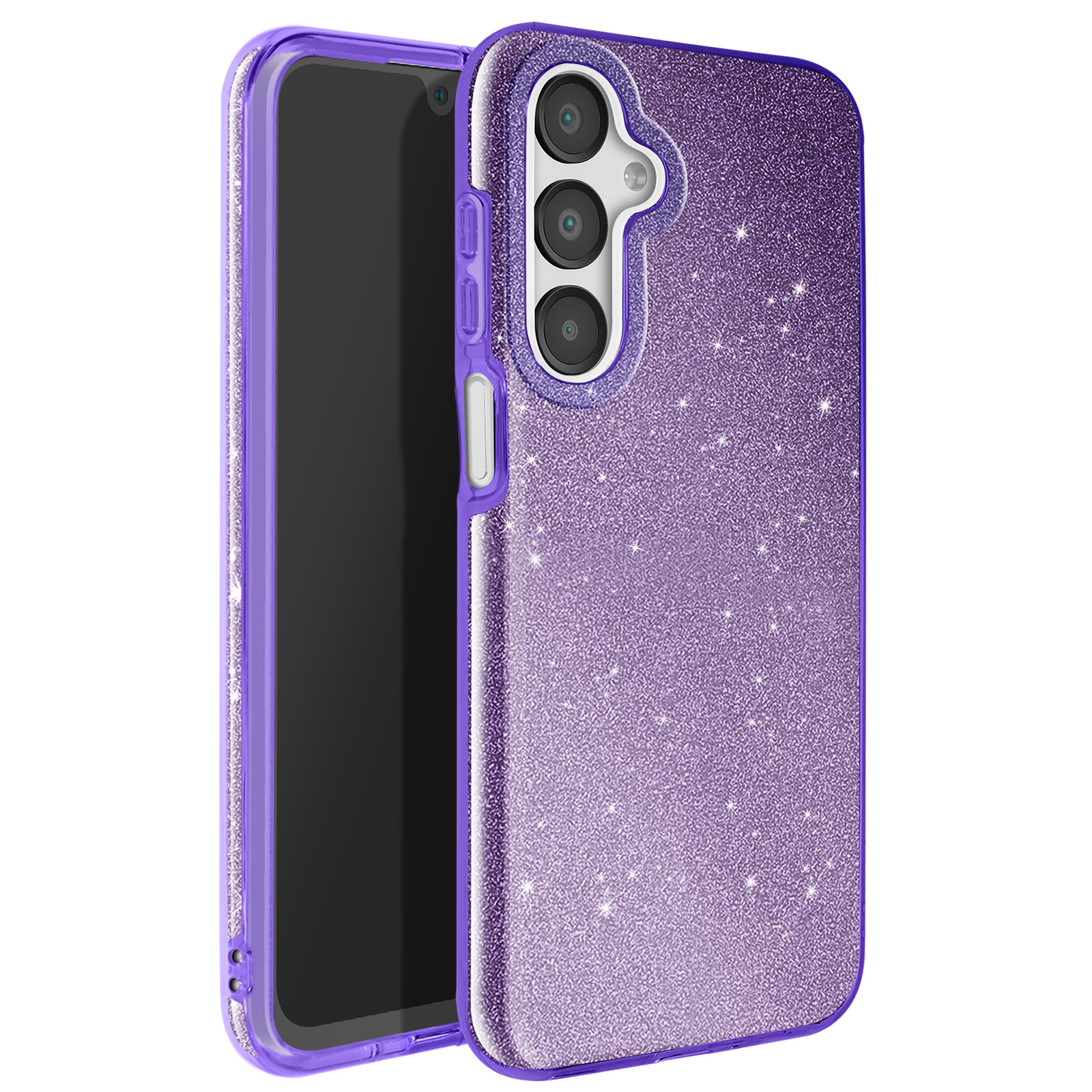 Una custodia per telefono viola glitterata con un telefono. La custodia copre il telefono e ha una fotocamera.
