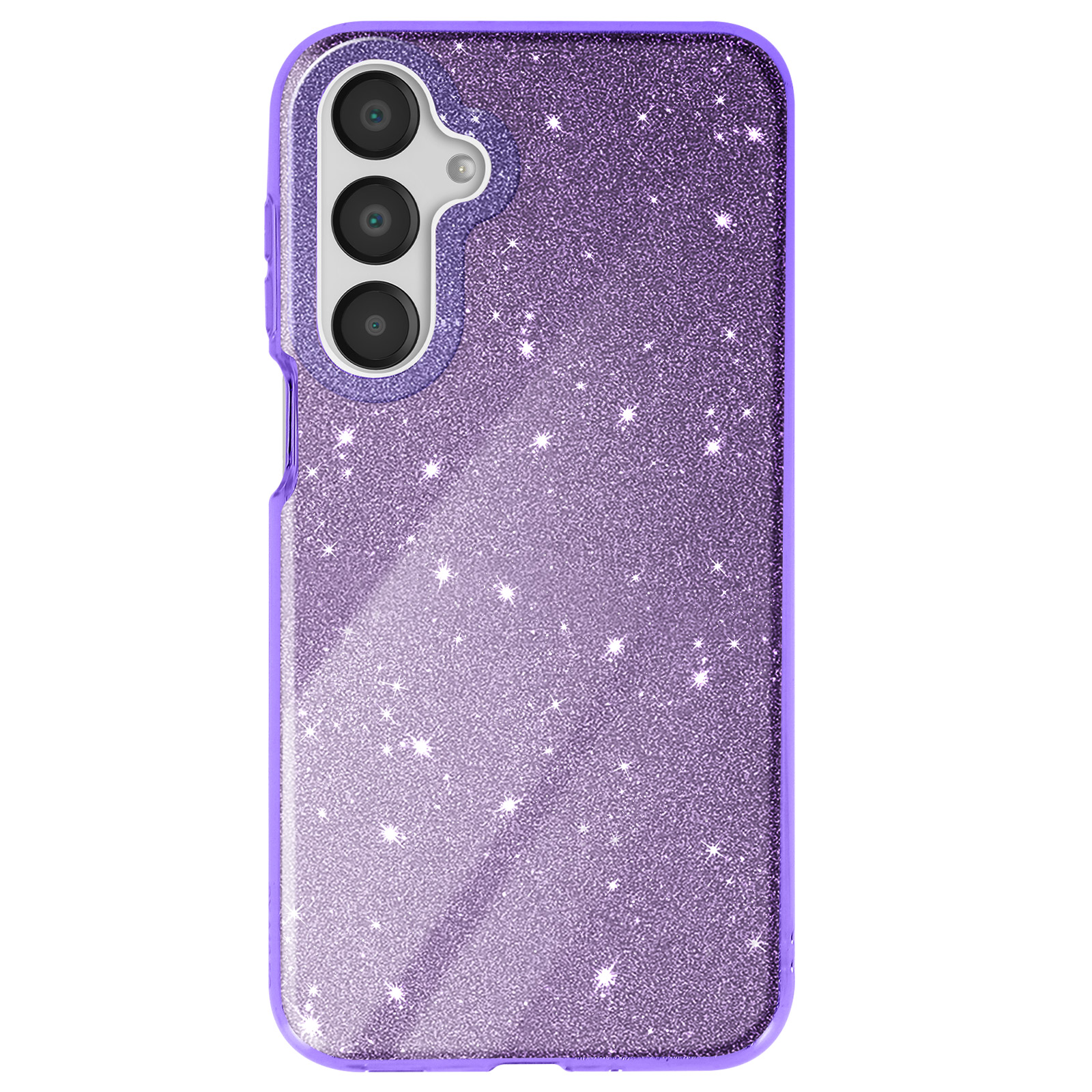 Custodia per telefono viola glitterata con fori per fotocamera su sfondo bianco.