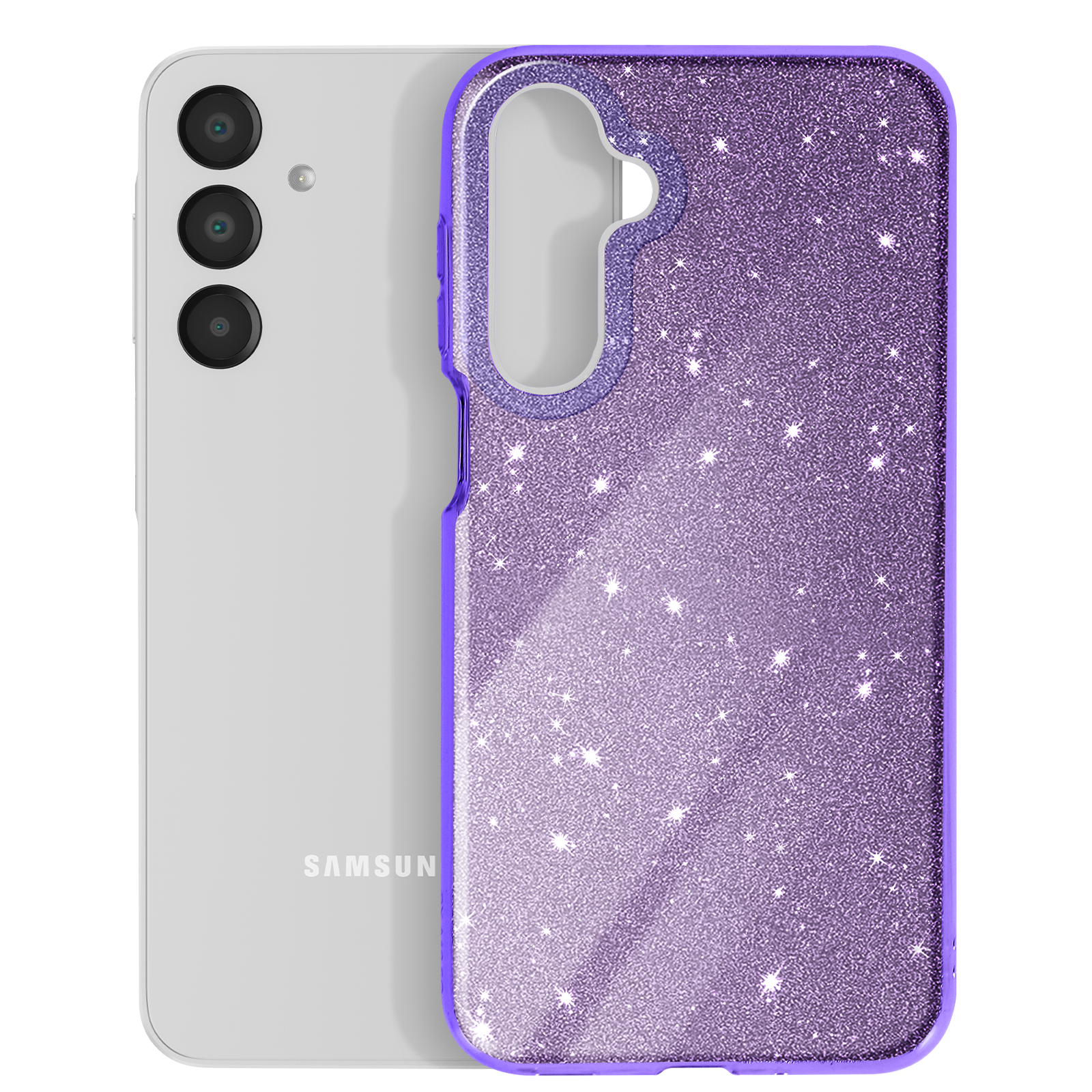 Un telefono argentato con una custodia viola glitterata. La fotocamera è visibile. Sfondo bianco.