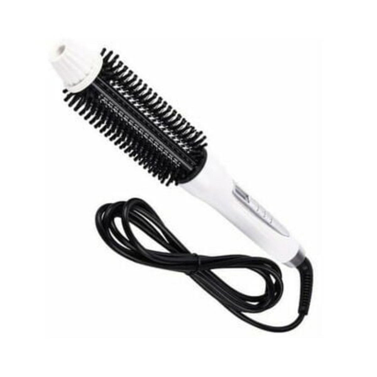 Eine weiß-schwarze Haarstylingbürste mit geschwungenem Design und einem schwarzen Netzkabel.