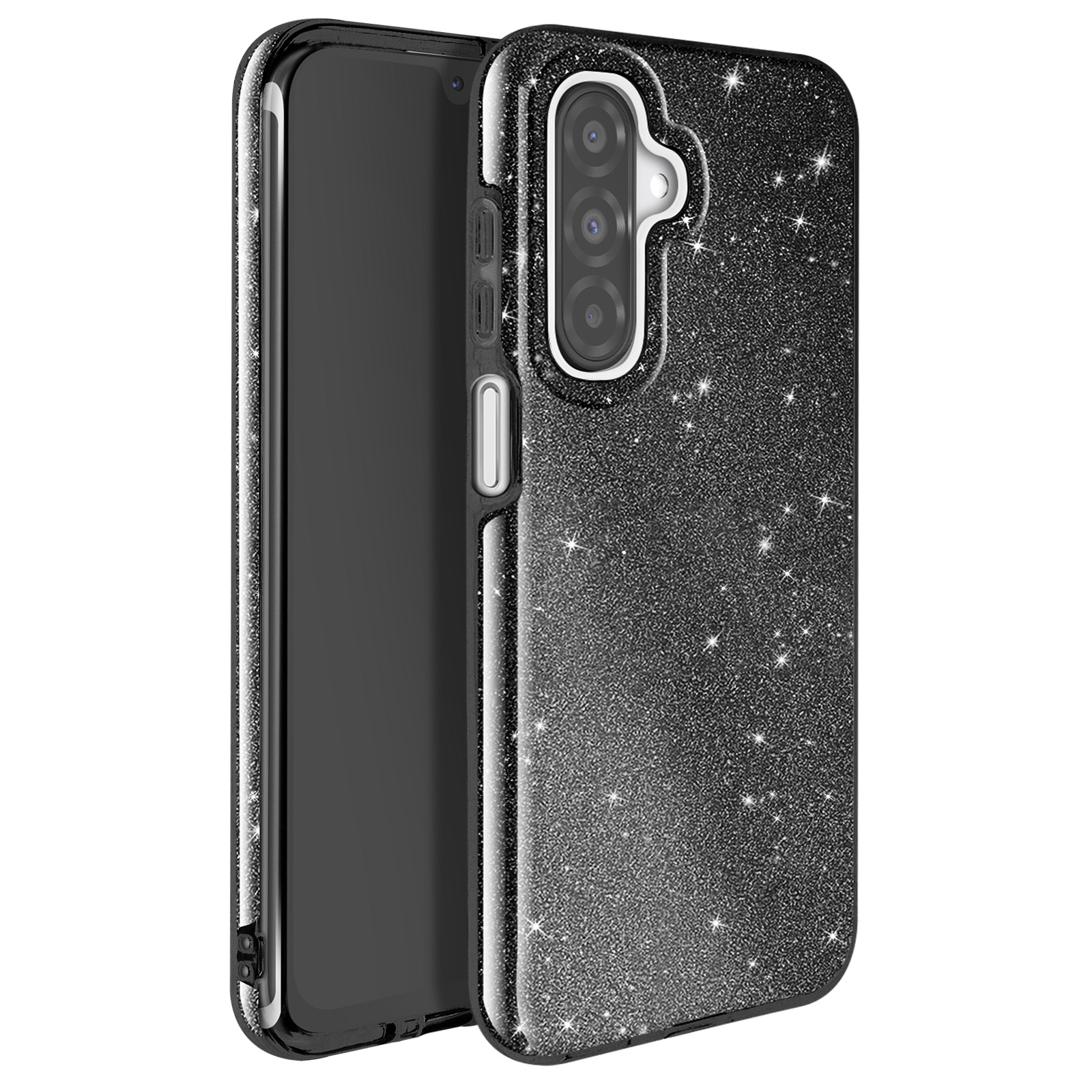 Custodia per telefono nera con glitter. La custodia è aperta per rivelare il telefono.