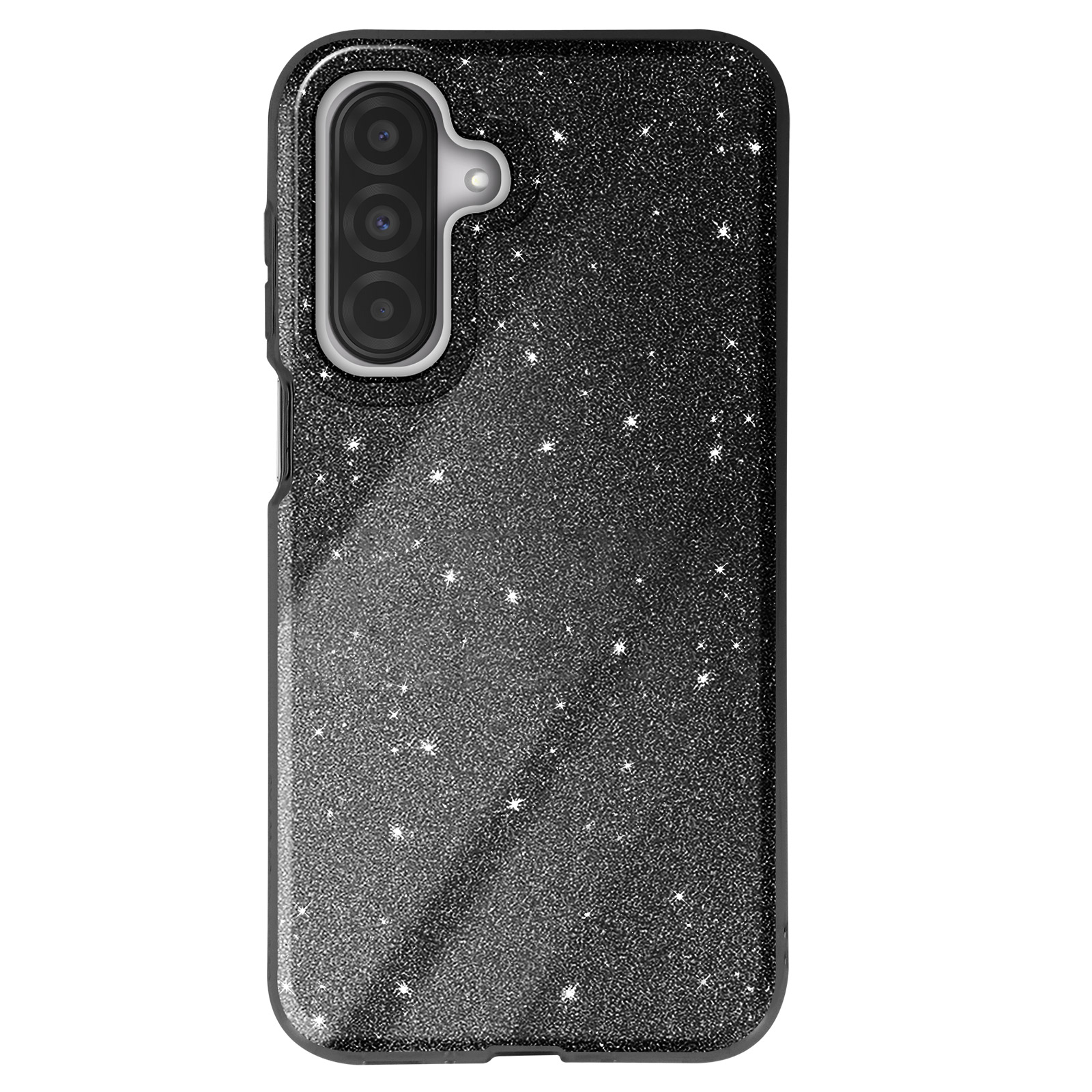 Custodia per telefono nera con glitter e tre obiettivi della fotocamera su sfondo bianco.